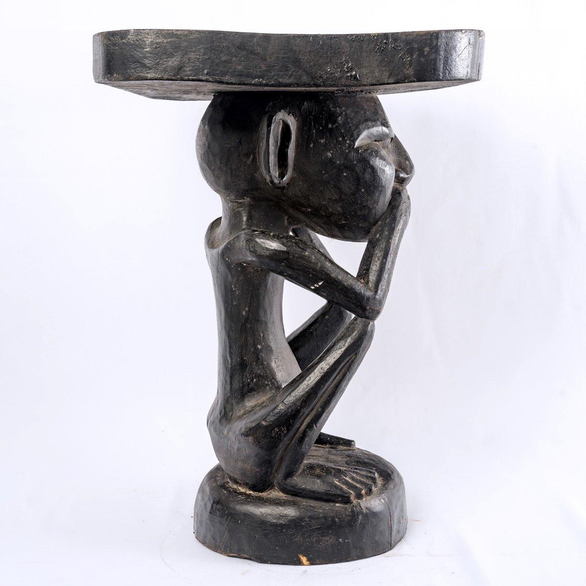 African Large Stool Luba Solid Wood Dark Ritual Patina - Period: Art Deco For Sale