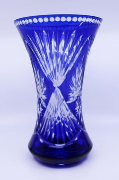 Large Stourbridge Glass Blue Overlay Crystal Vase