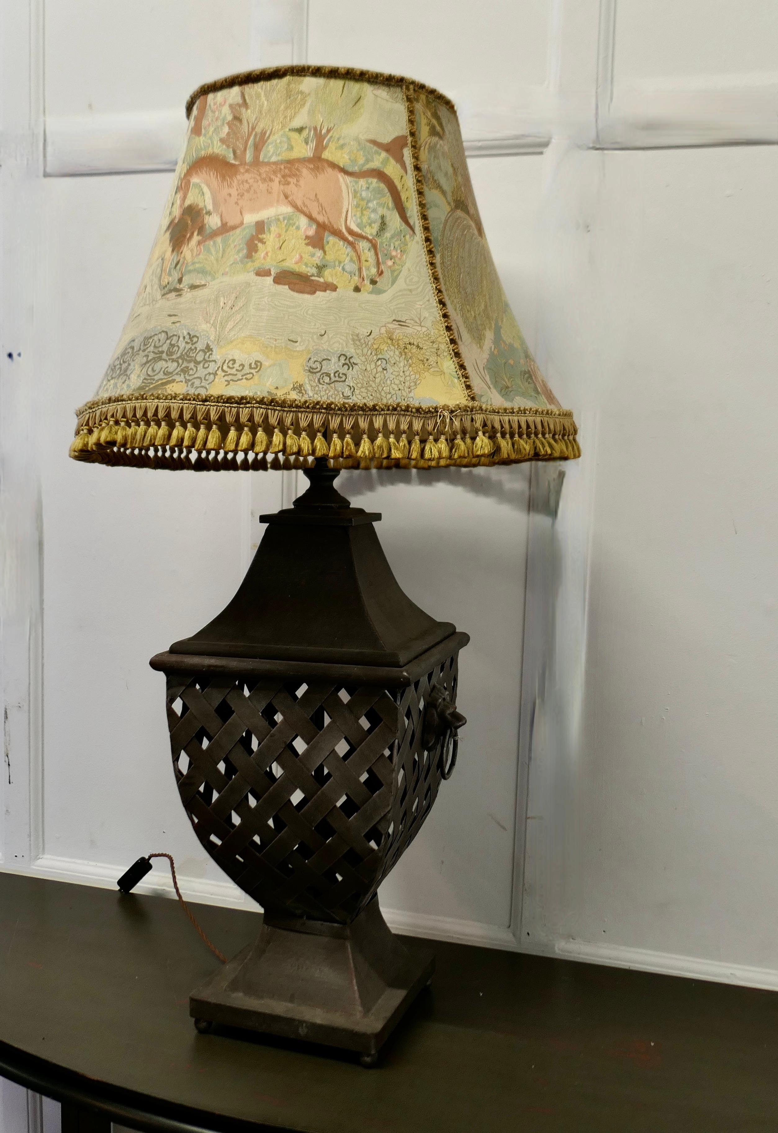 Large Strapwork Iron Lamp with Jungle Lamp Shade For Sale 5
