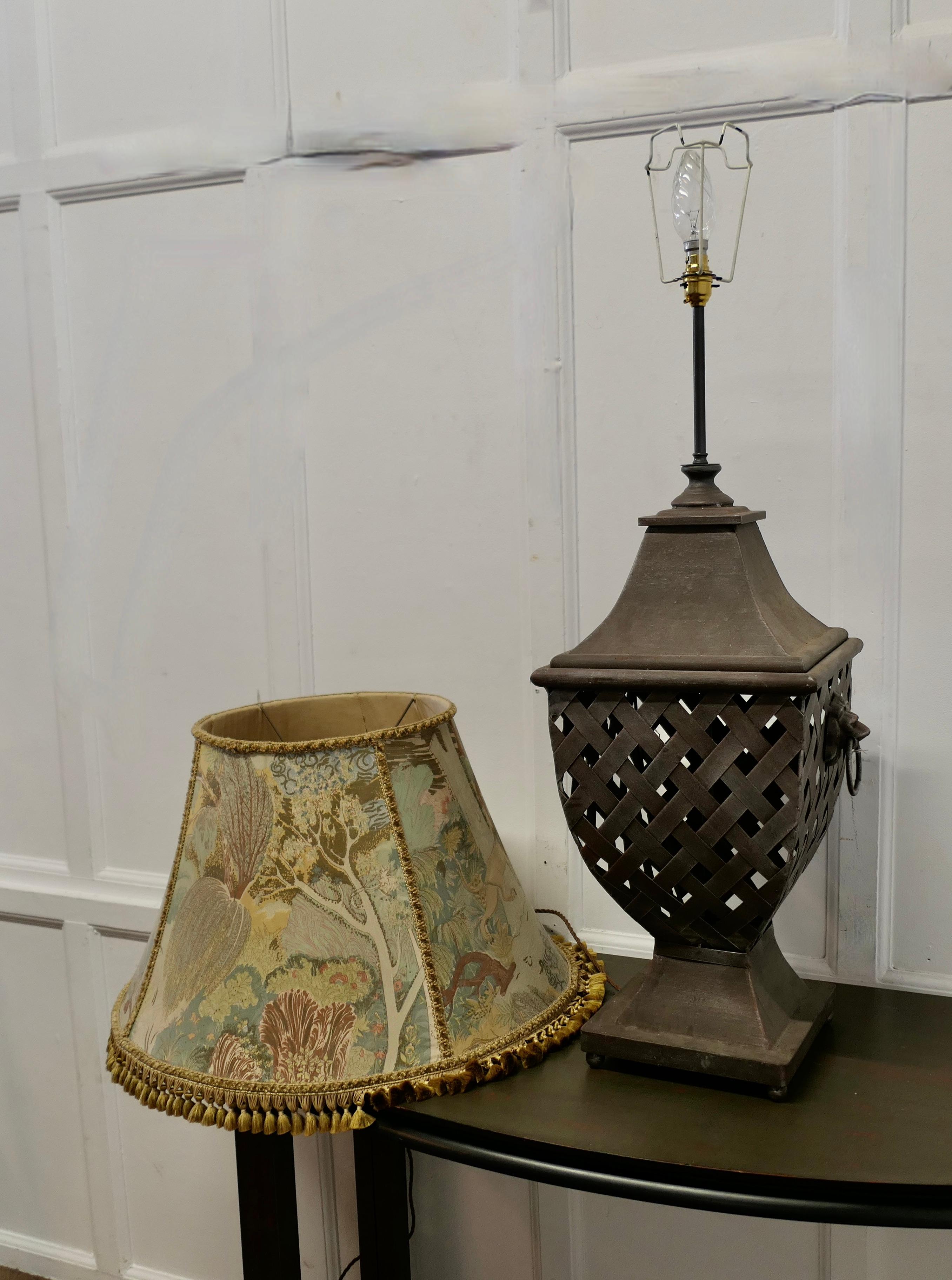 Large Strapwork Iron Lamp with Jungle Lamp Shade For Sale 6