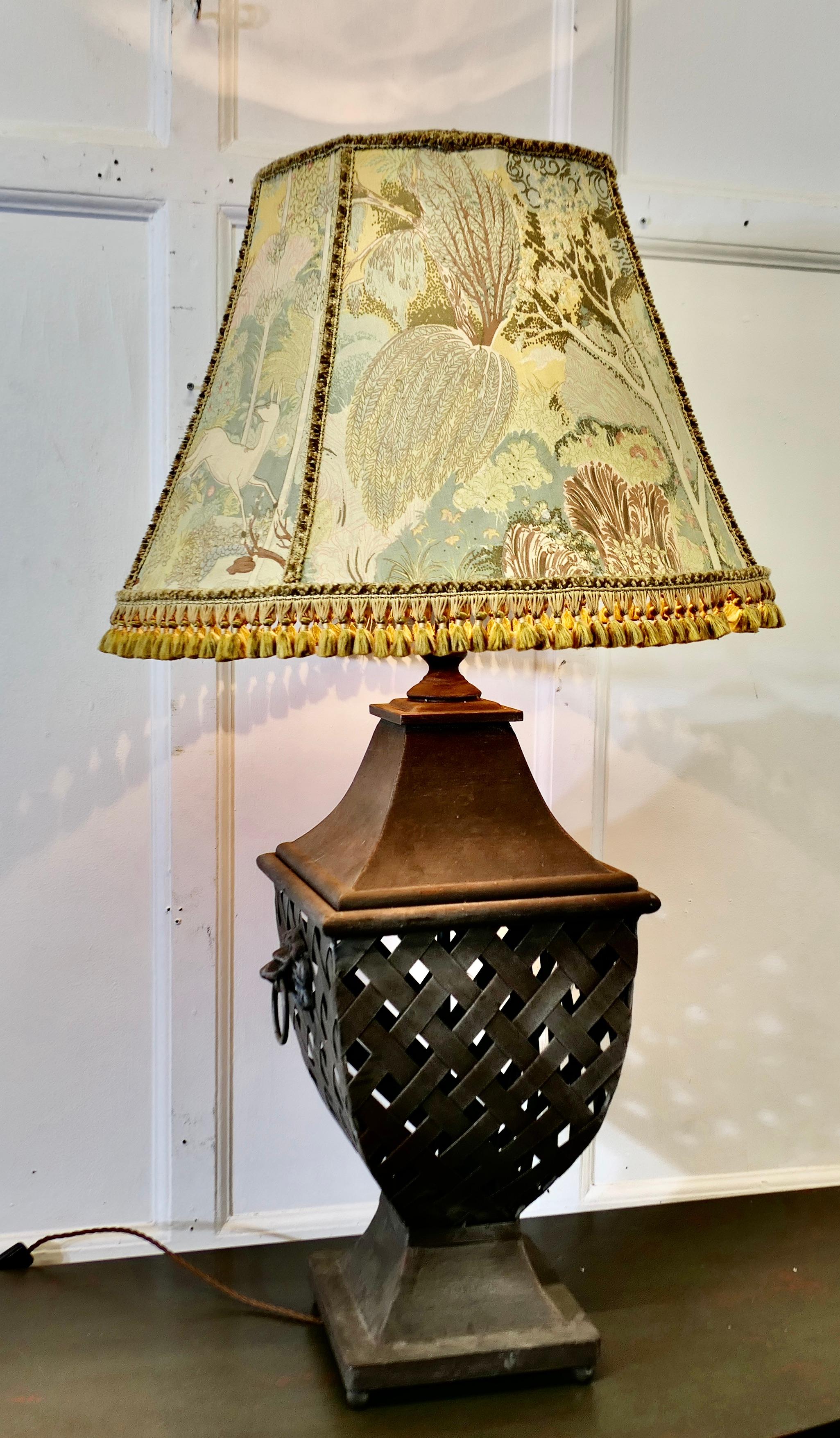 Industrial Large Strapwork Iron Lamp with Jungle Lamp Shade For Sale