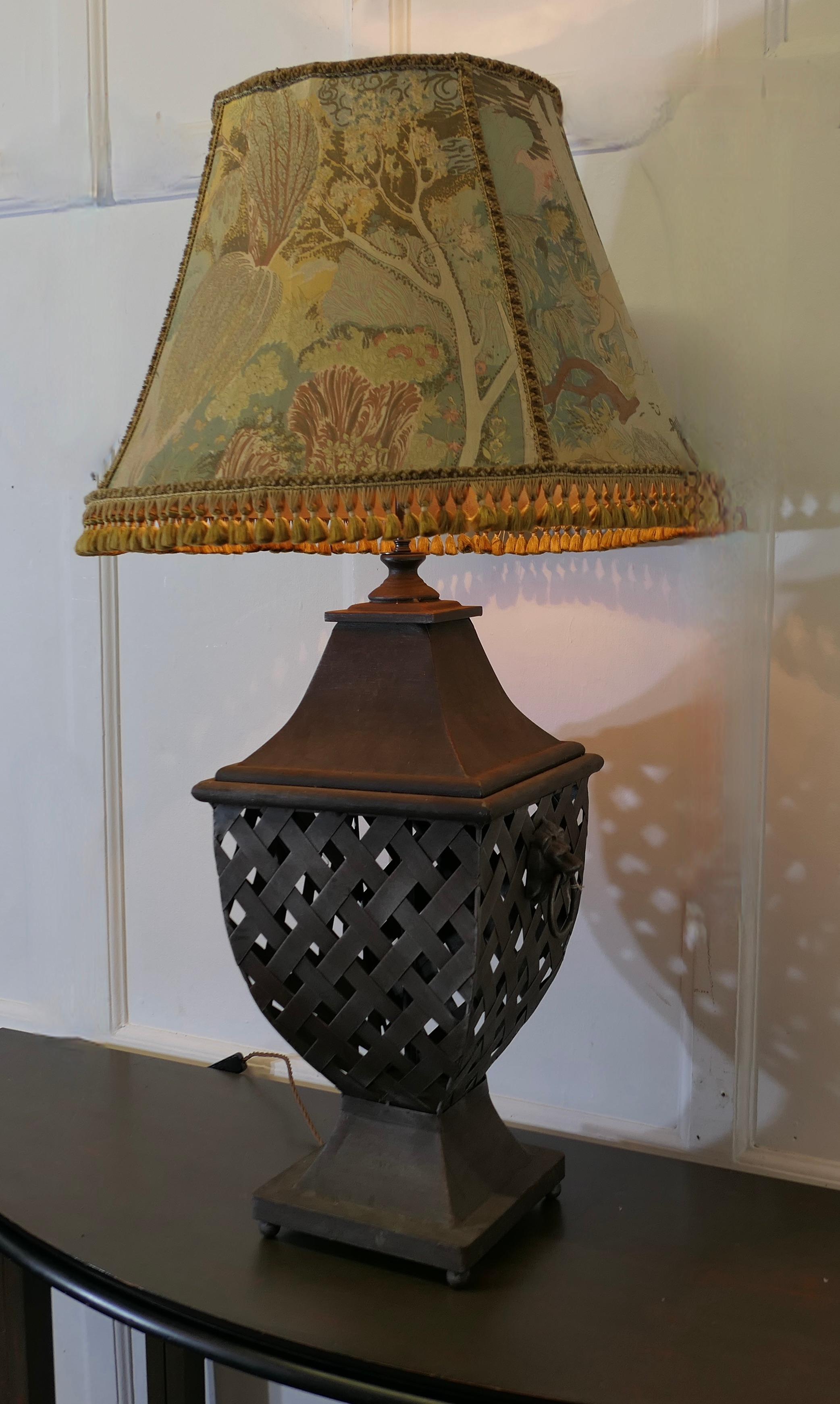 Large Strapwork Iron Lamp with Jungle Lamp Shade In Good Condition For Sale In Godshill, Isle of Wight