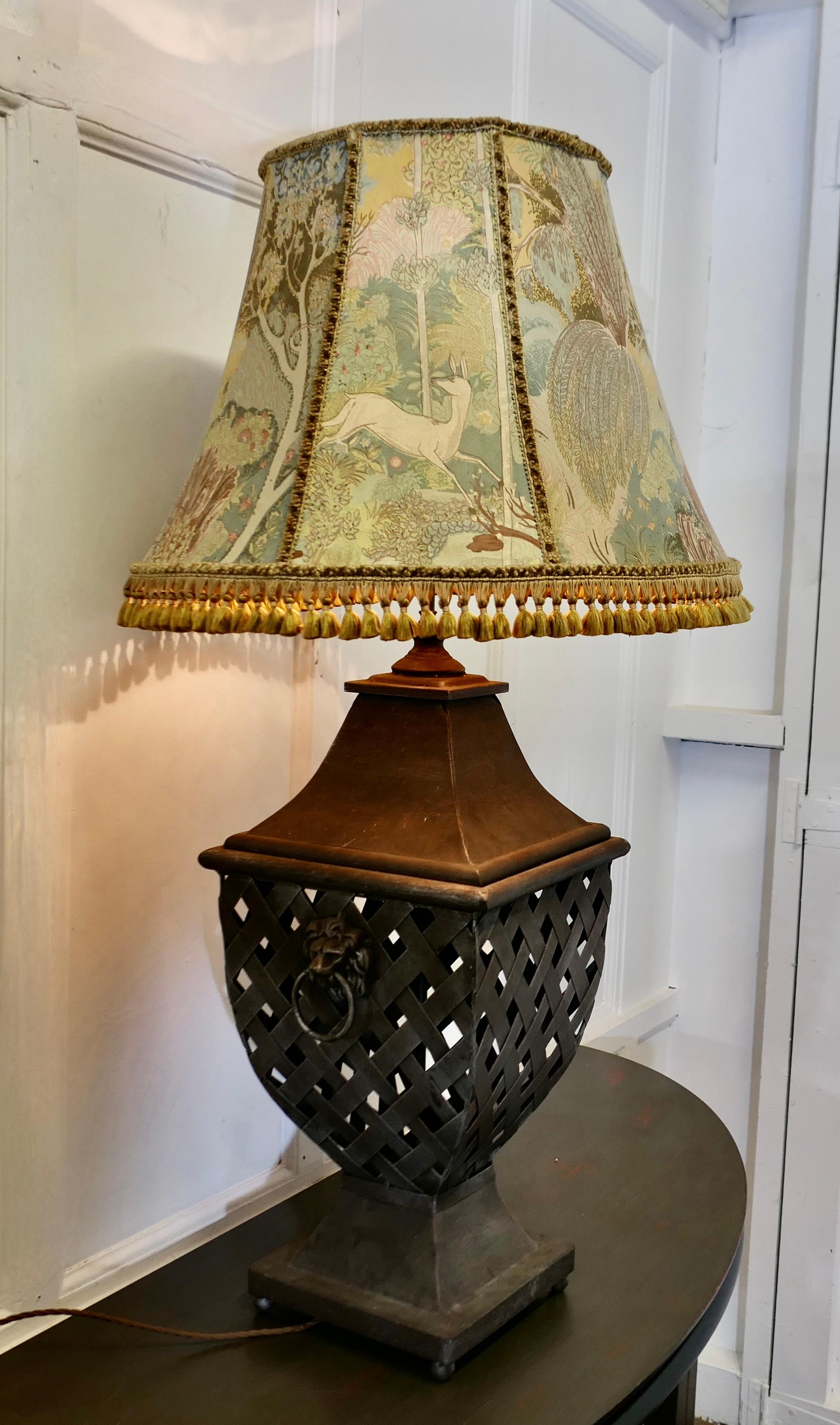 Late 20th Century Large Strapwork Iron Lamp with Jungle Lamp Shade For Sale