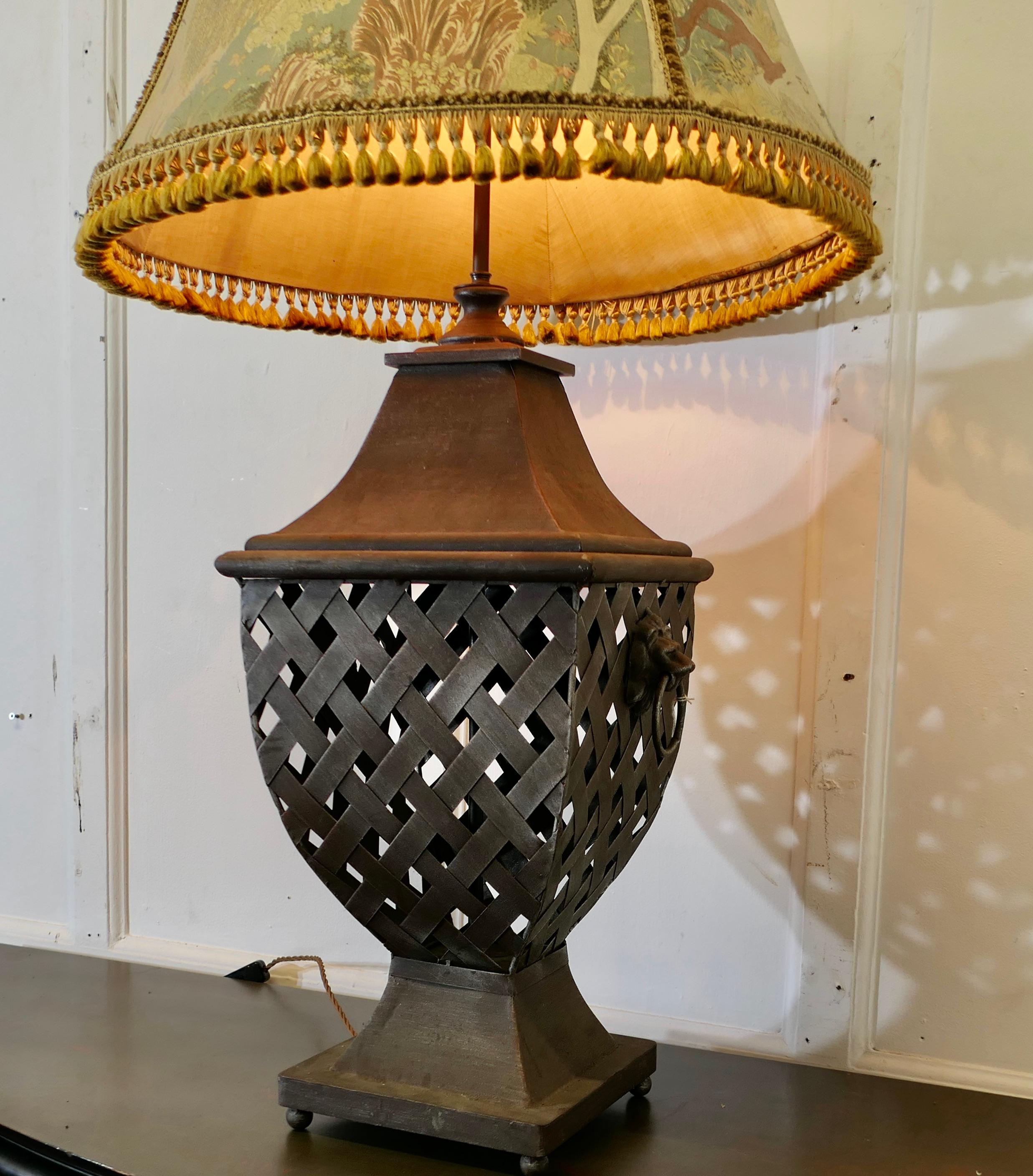 Large Strapwork Iron Lamp with Jungle Lamp Shade For Sale 3