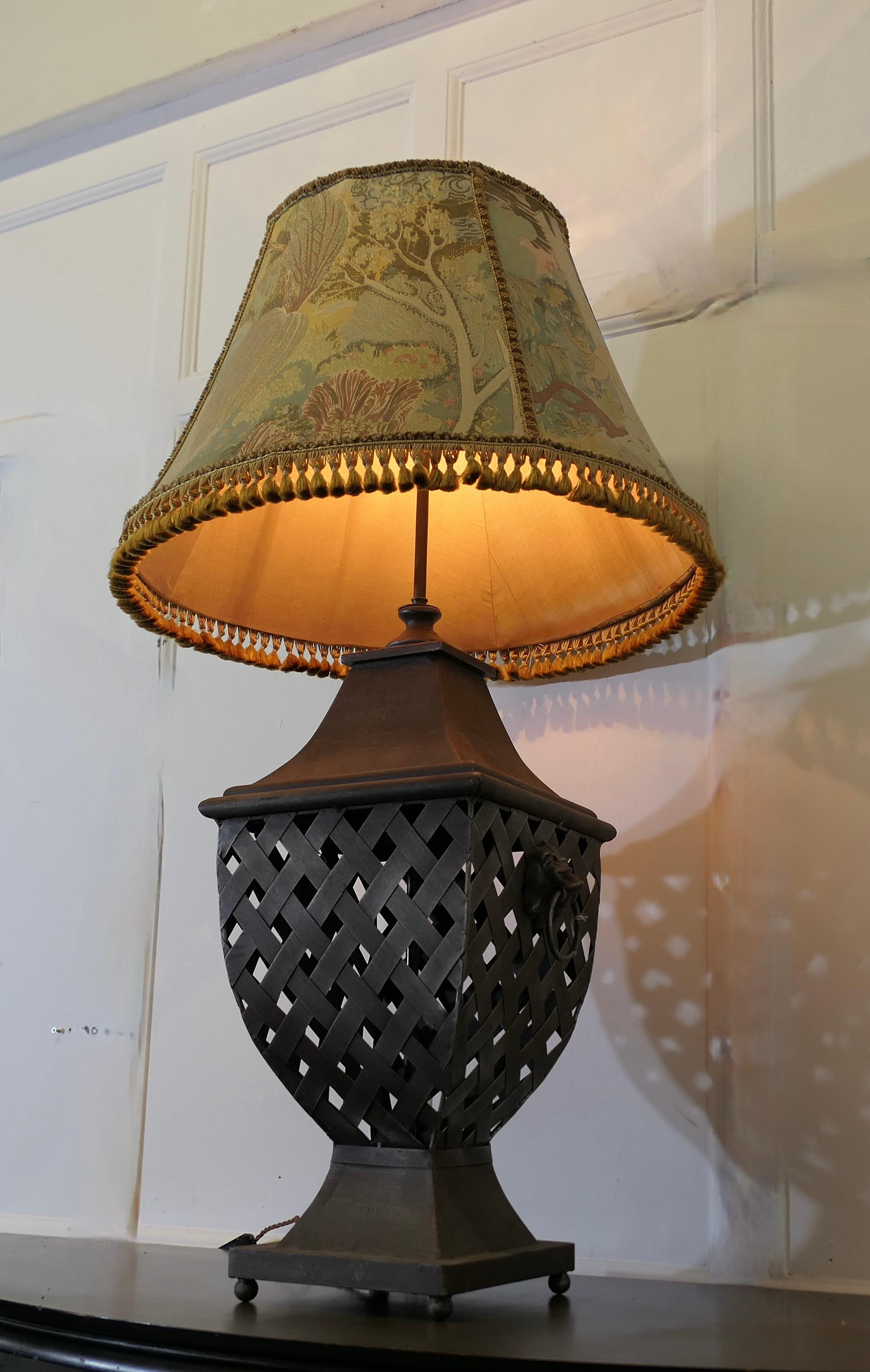 Large Strapwork Iron Lamp with Jungle Lamp Shade For Sale 4