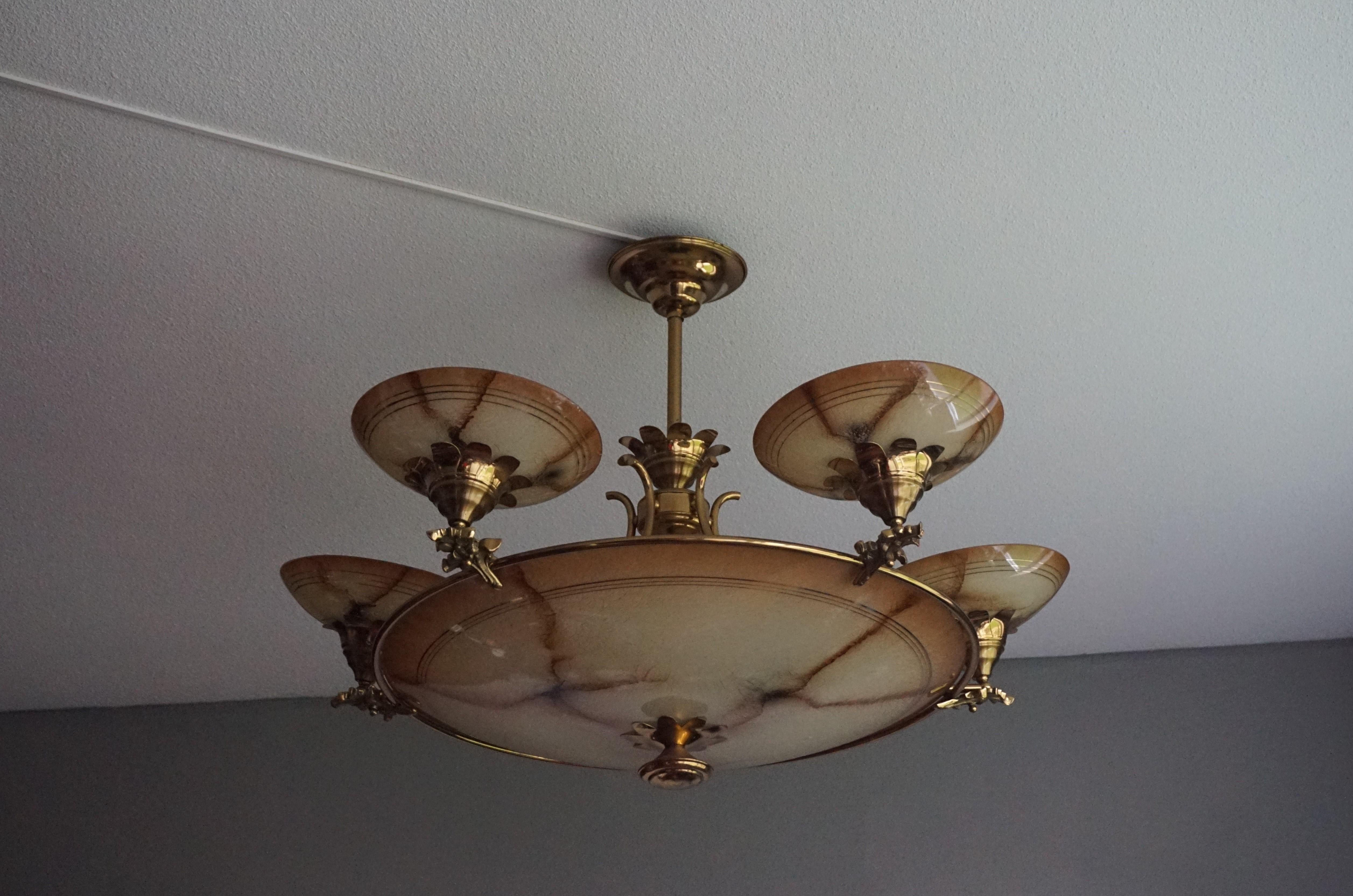 Large Striking Art Deco Style Glass Bronze & Brass Hollywood Regency Chandelier For Sale 5