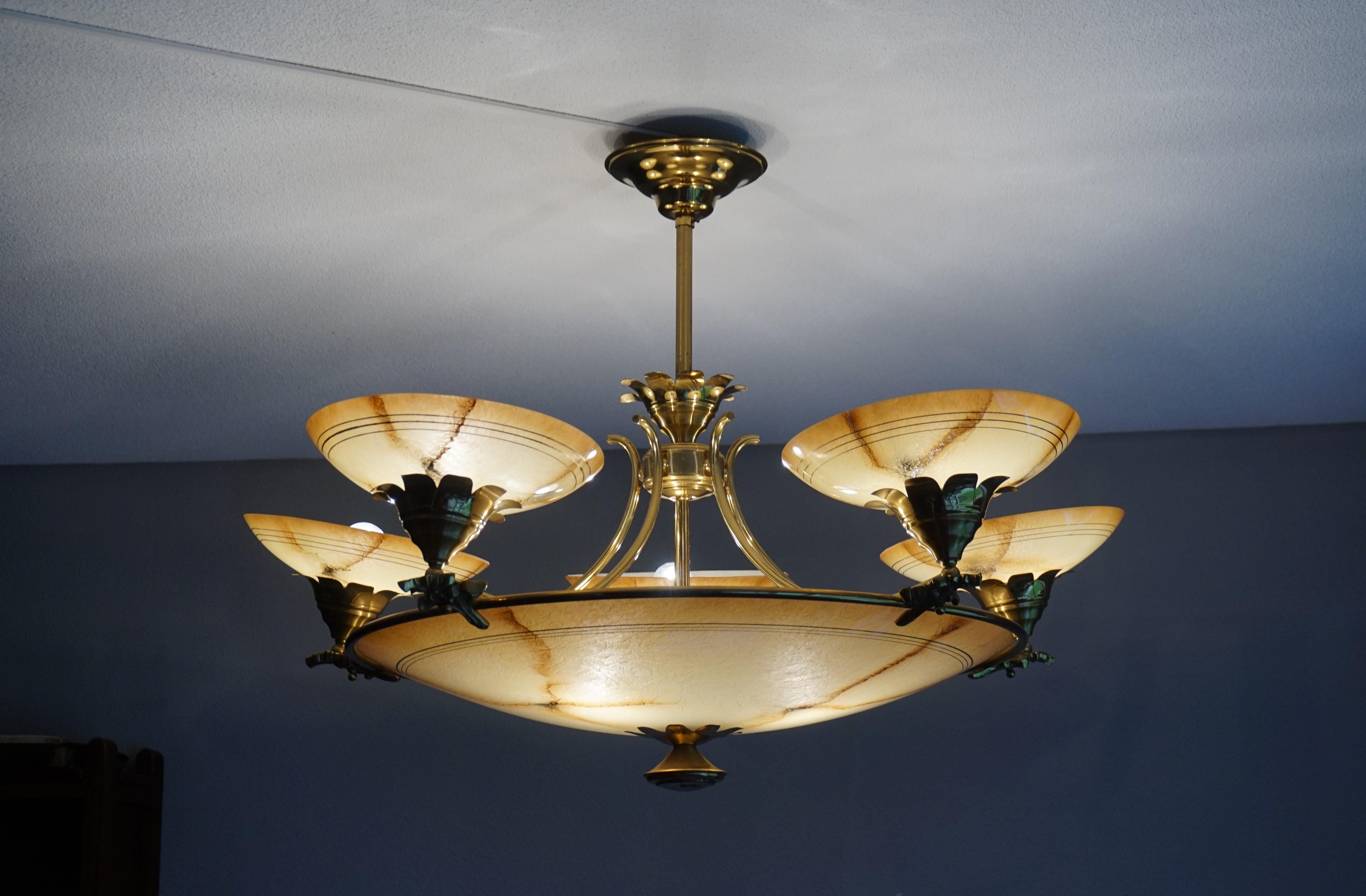 Large Striking Art Deco Style Glass Bronze & Brass Hollywood Regency Chandelier For Sale 7