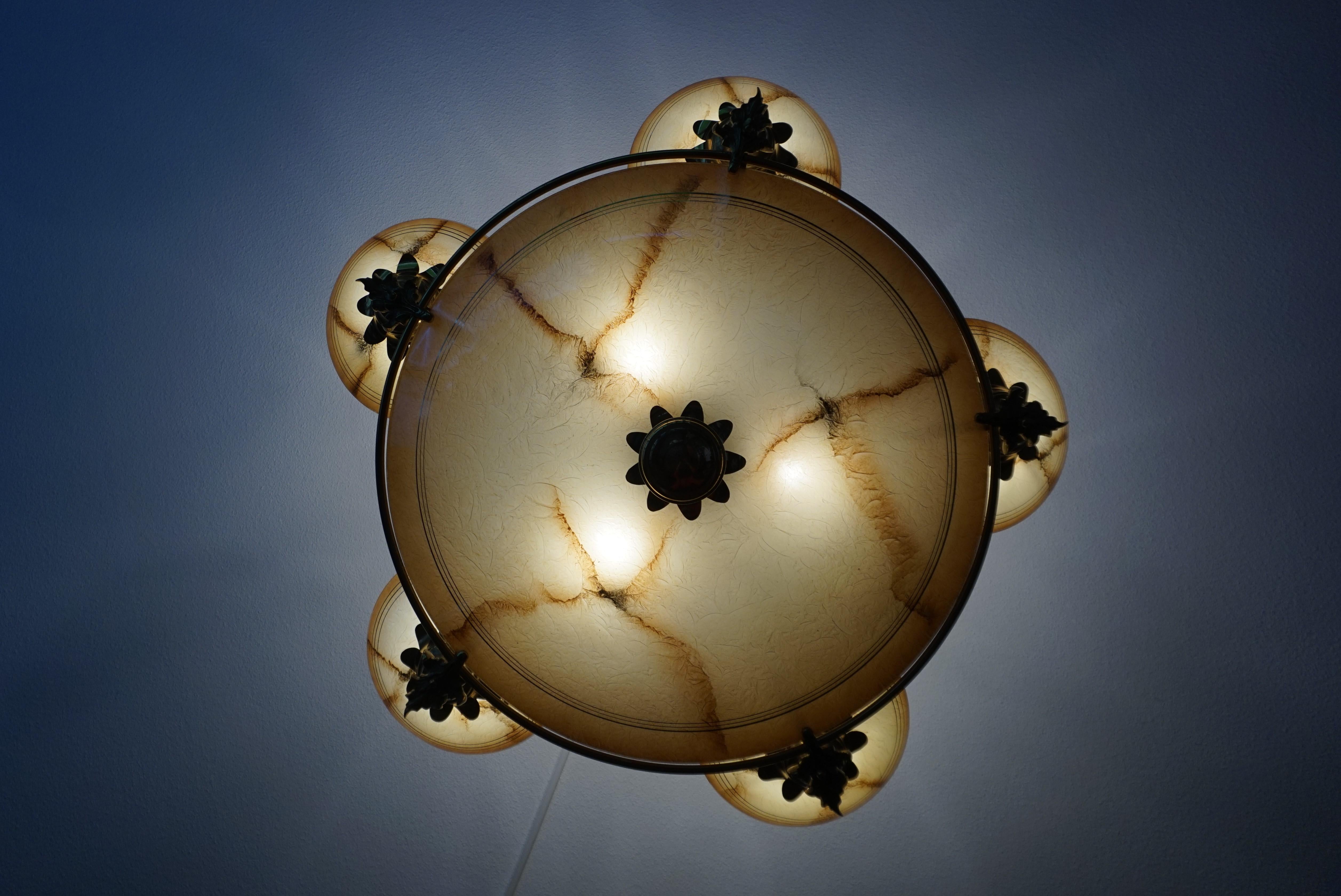 Large Striking Art Deco Style Glass Bronze & Brass Hollywood Regency Chandelier 8