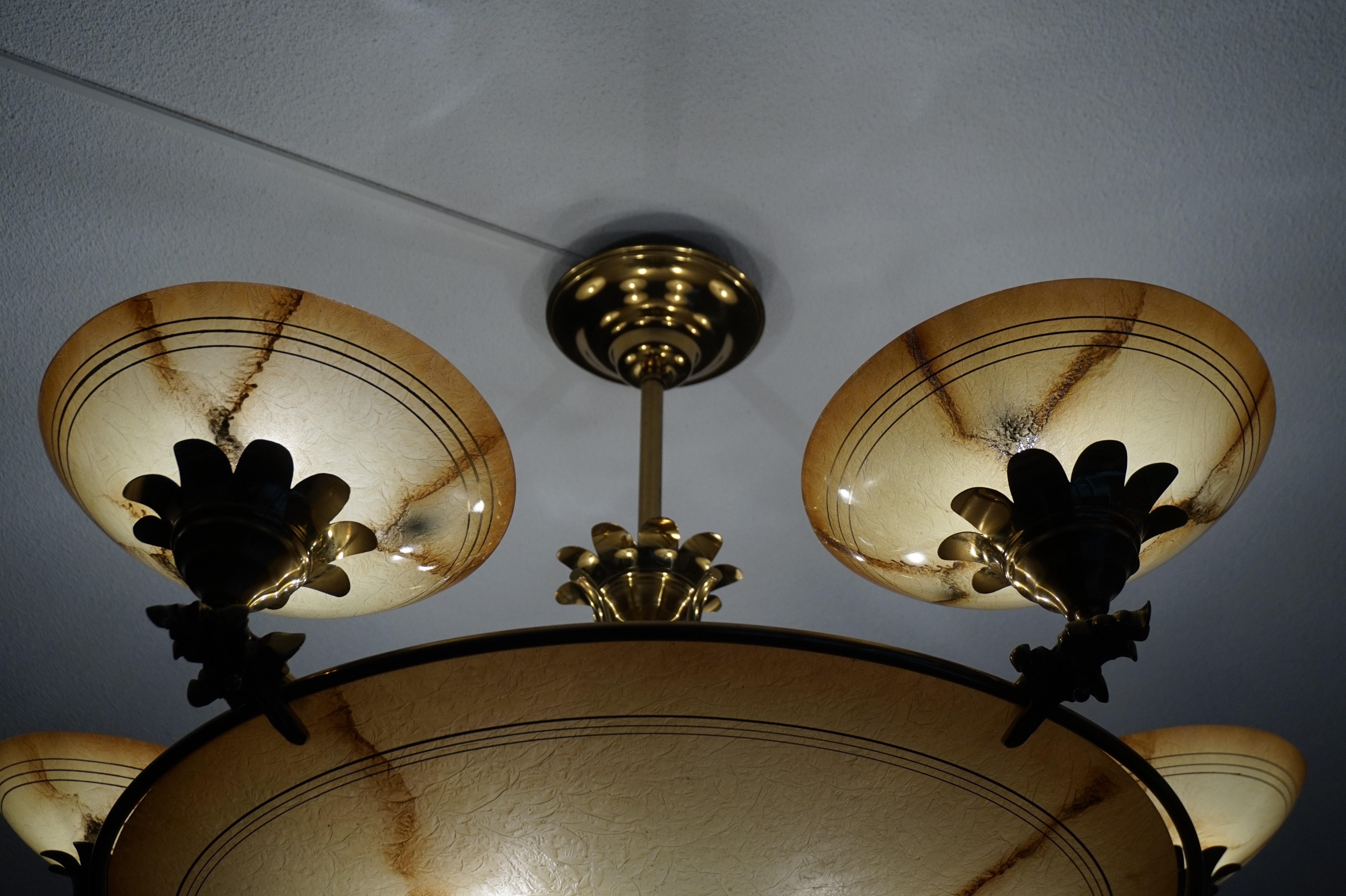 Large Striking Art Deco Style Glass Bronze & Brass Hollywood Regency Chandelier 9
