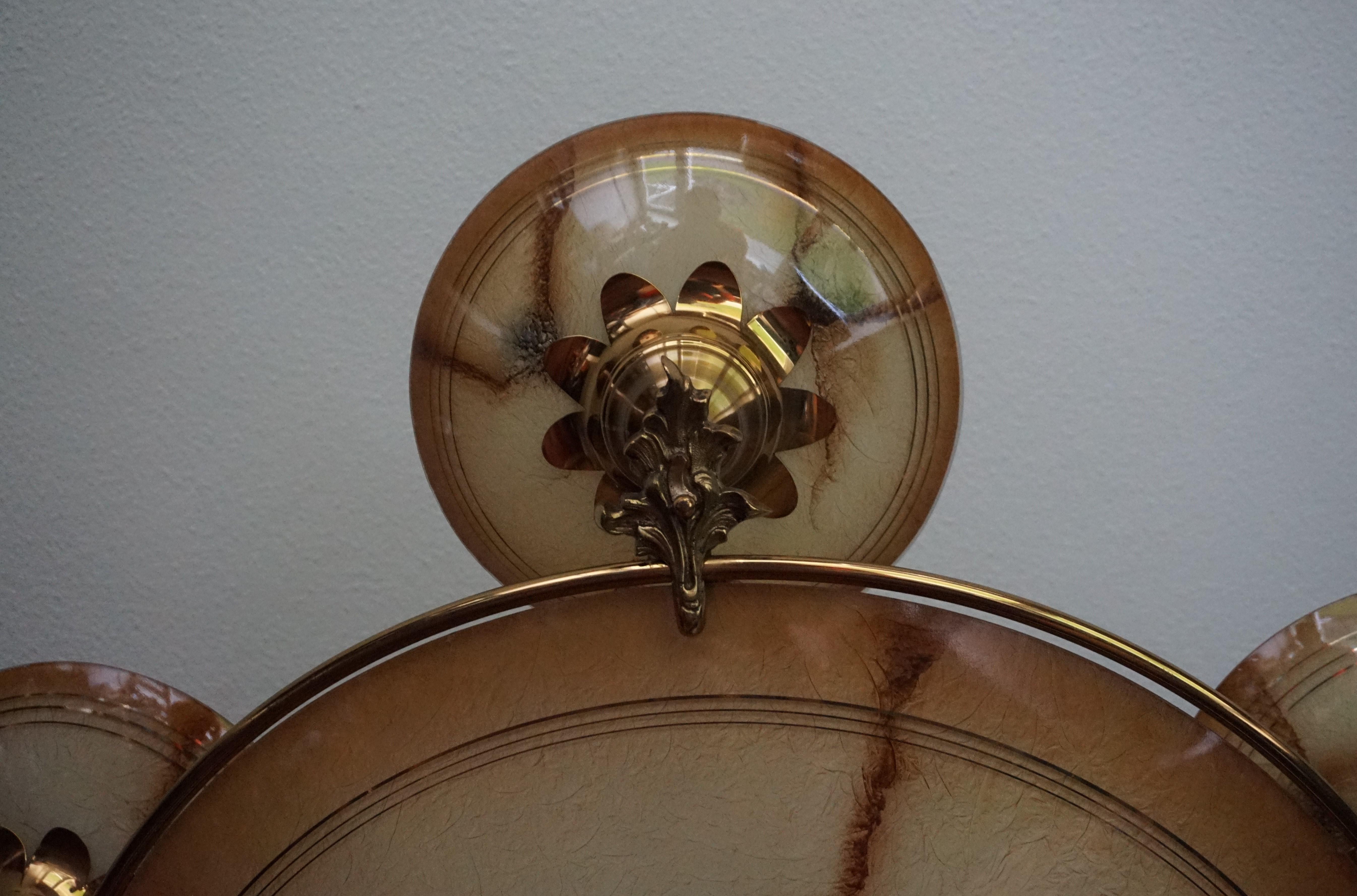 Large Striking Art Deco Style Glass Bronze & Brass Hollywood Regency Chandelier For Sale 2