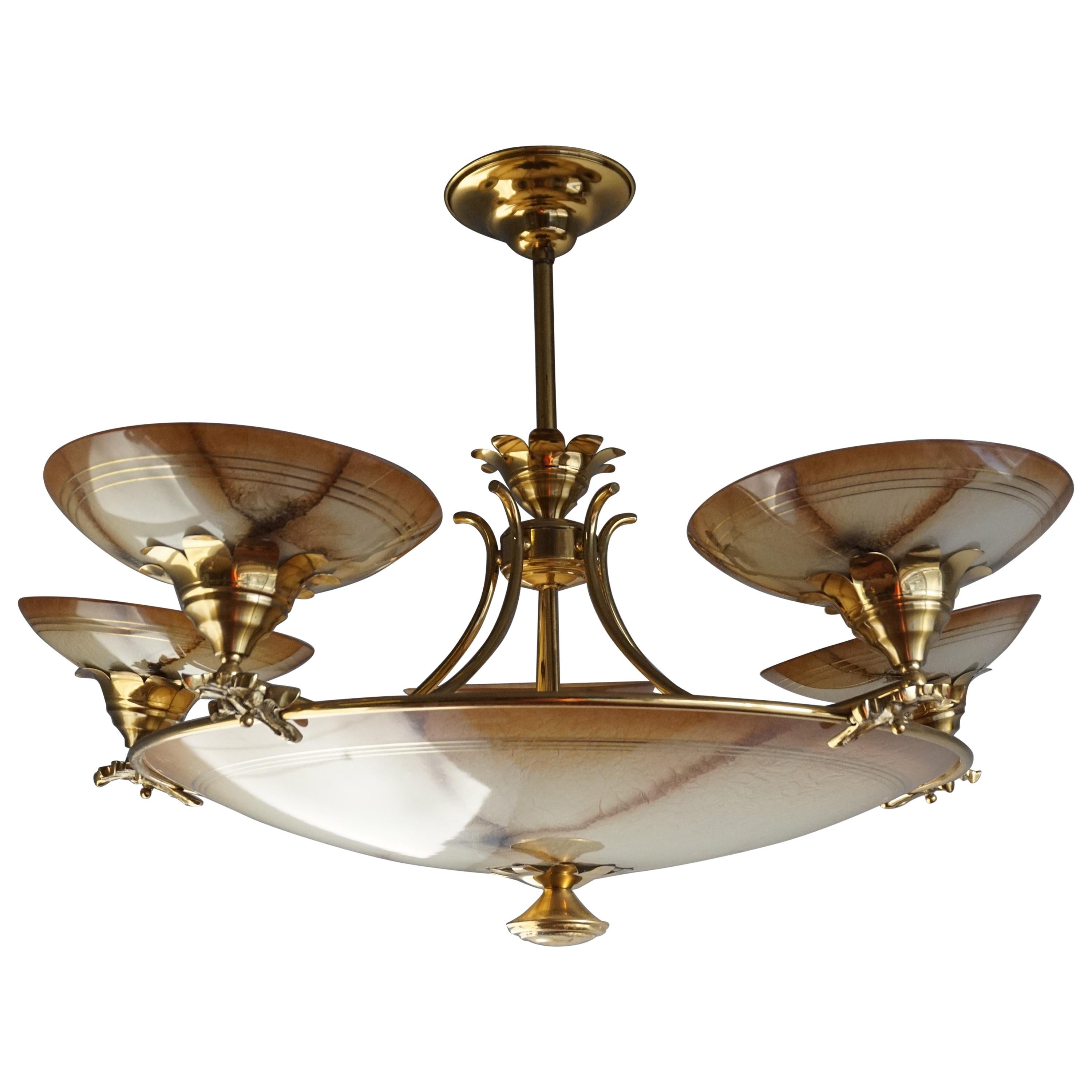 Large Striking Art Deco Style Glass Bronze & Brass Hollywood Regency Chandelier