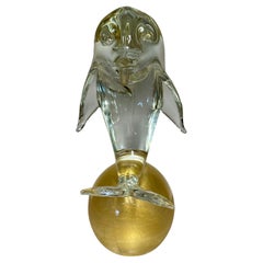 Large Striking Art Glass Dolphin on Gold-Fleck Sphere Sculpture by Murano Glass
