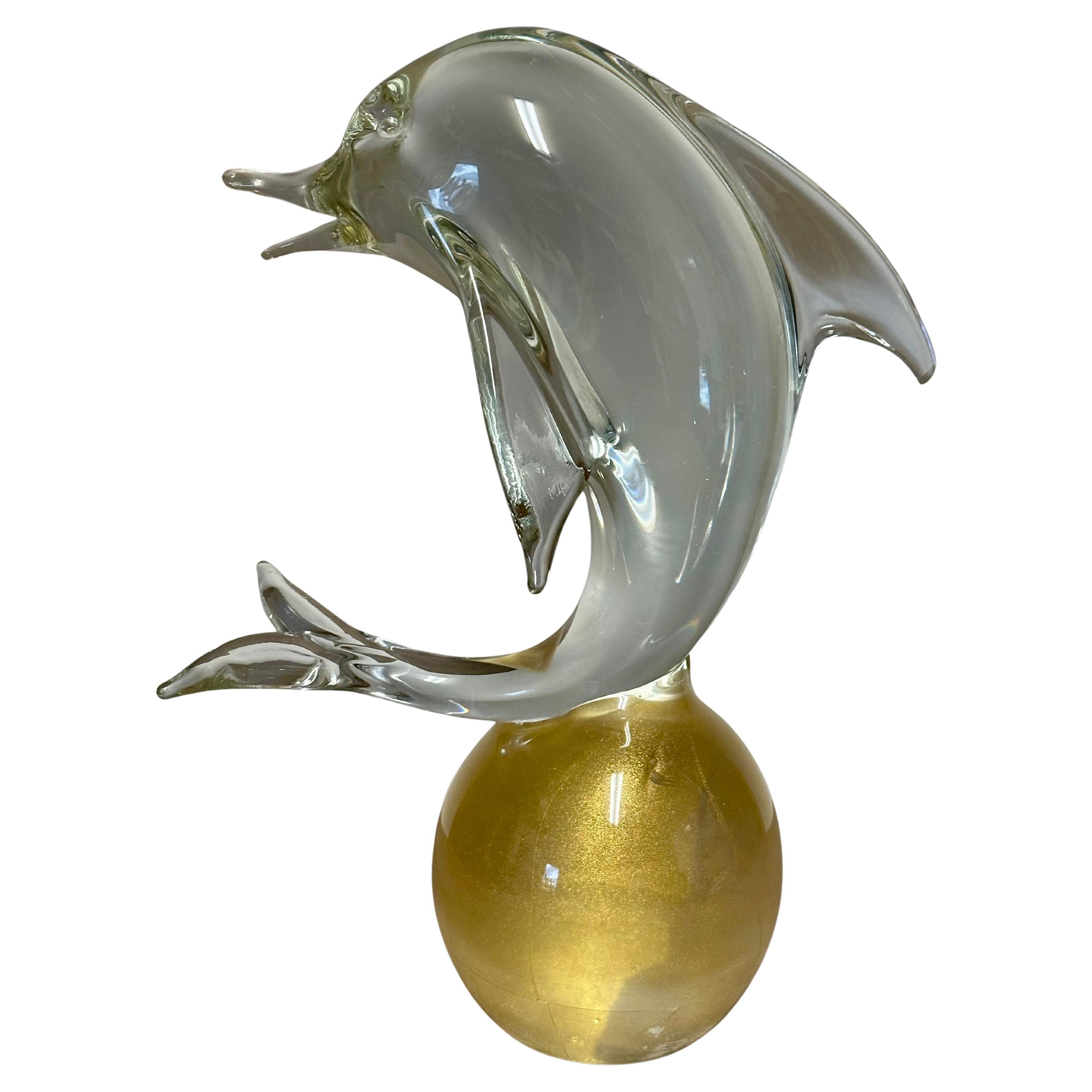 Large Striking Art Glass Dolphin on Gold-Fleck Sphere Sculpture by Murano Glass For Sale