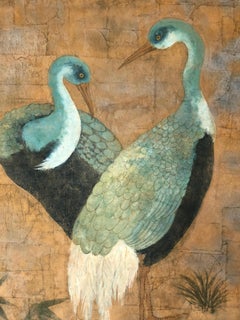 Large Striking Asian Painting of Turquoise Cranes