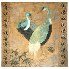 Large Striking Asian Painting of Turquoise Cranes
