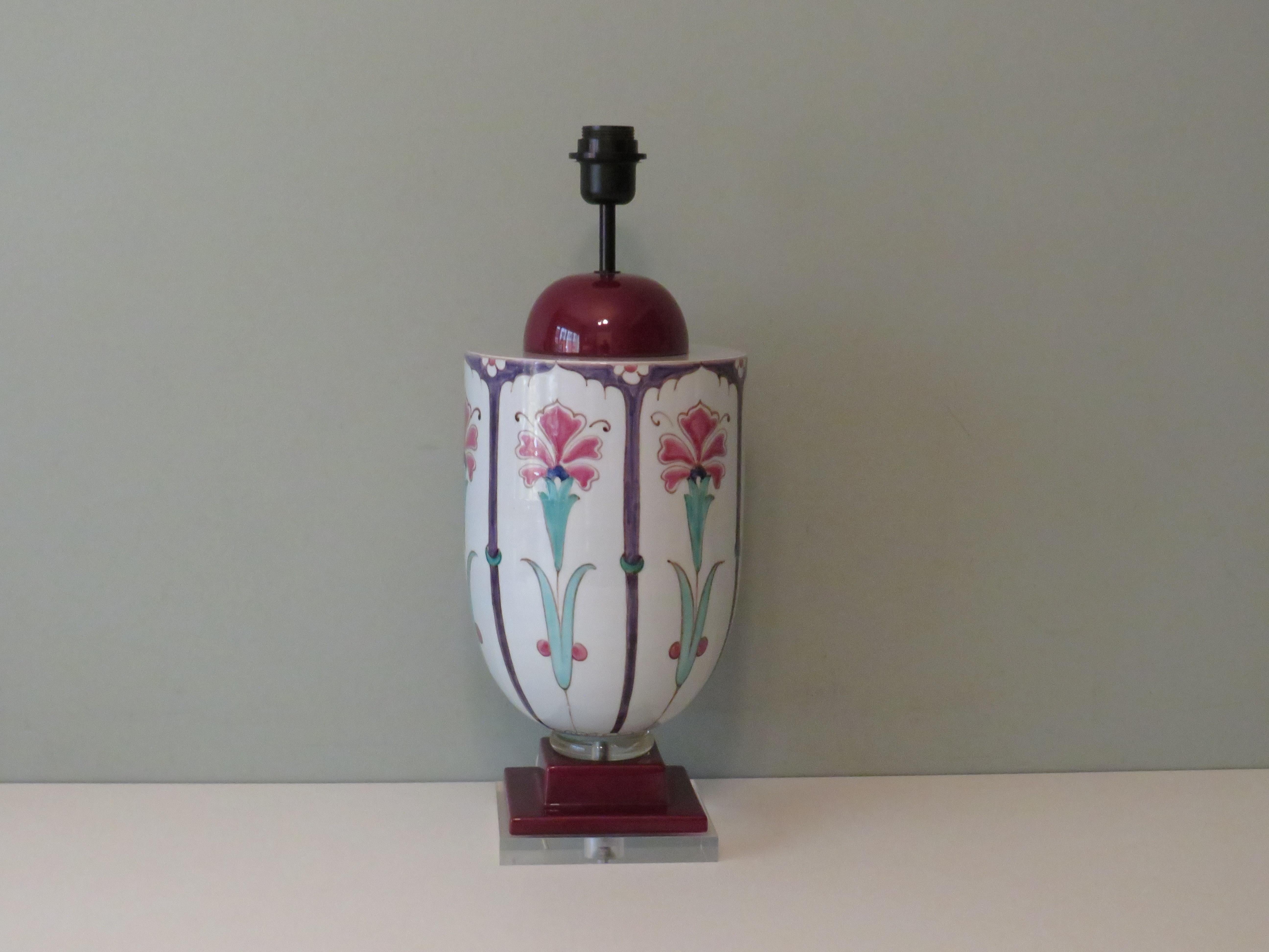 Belgian Large Striking Ceramic Lamp Base with Art Nouveau Inspired Floral Pattern, 1960 For Sale