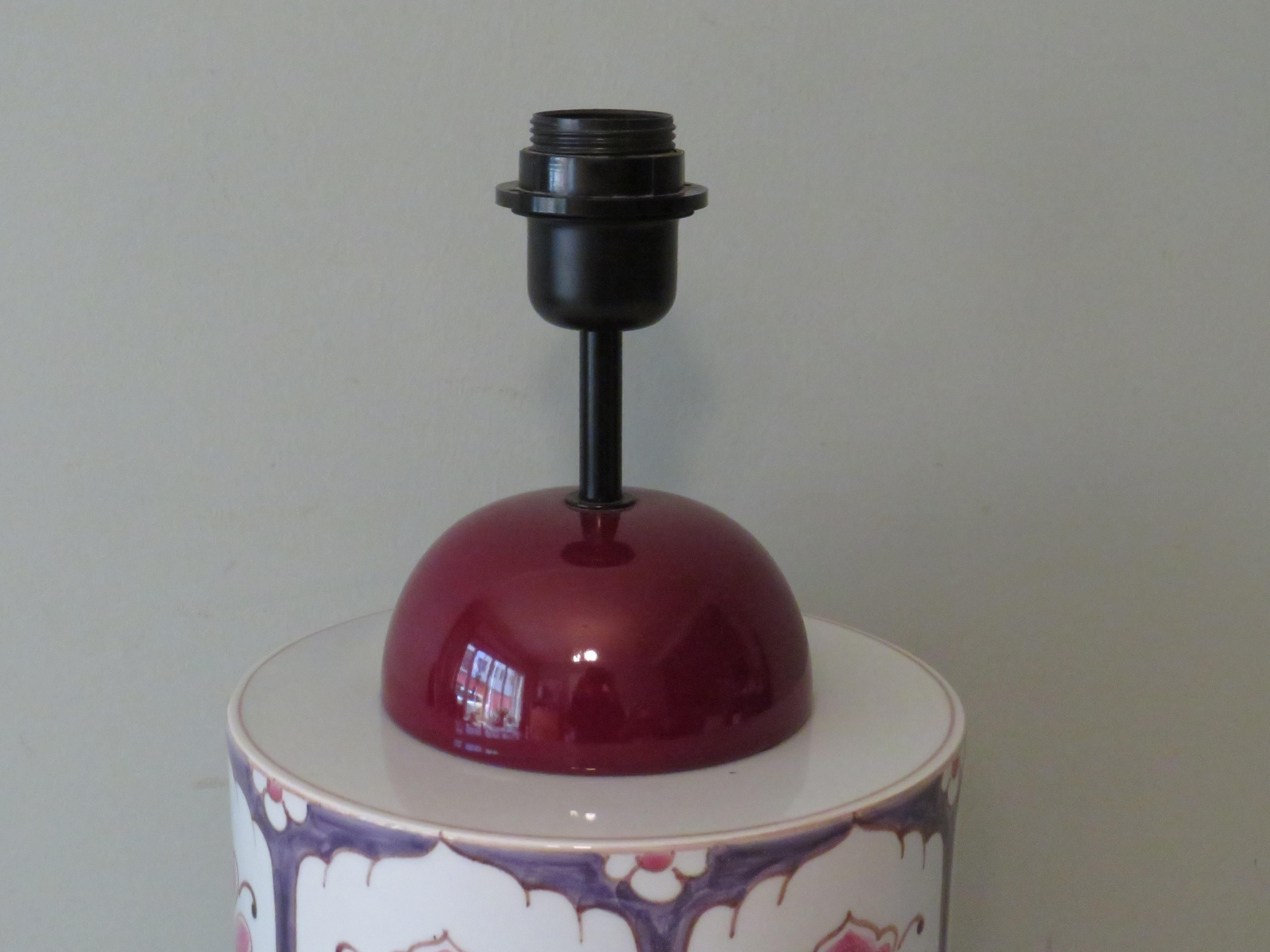 Hand-Painted Large Striking Ceramic Lamp Base with Art Nouveau Inspired Floral Pattern, 1960 For Sale