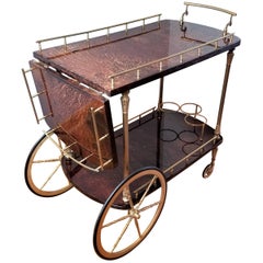 Large, Striking Drop-Leaf Aldo Tura Goatskin and Brass Two-Tier Bar Cart, 1950s