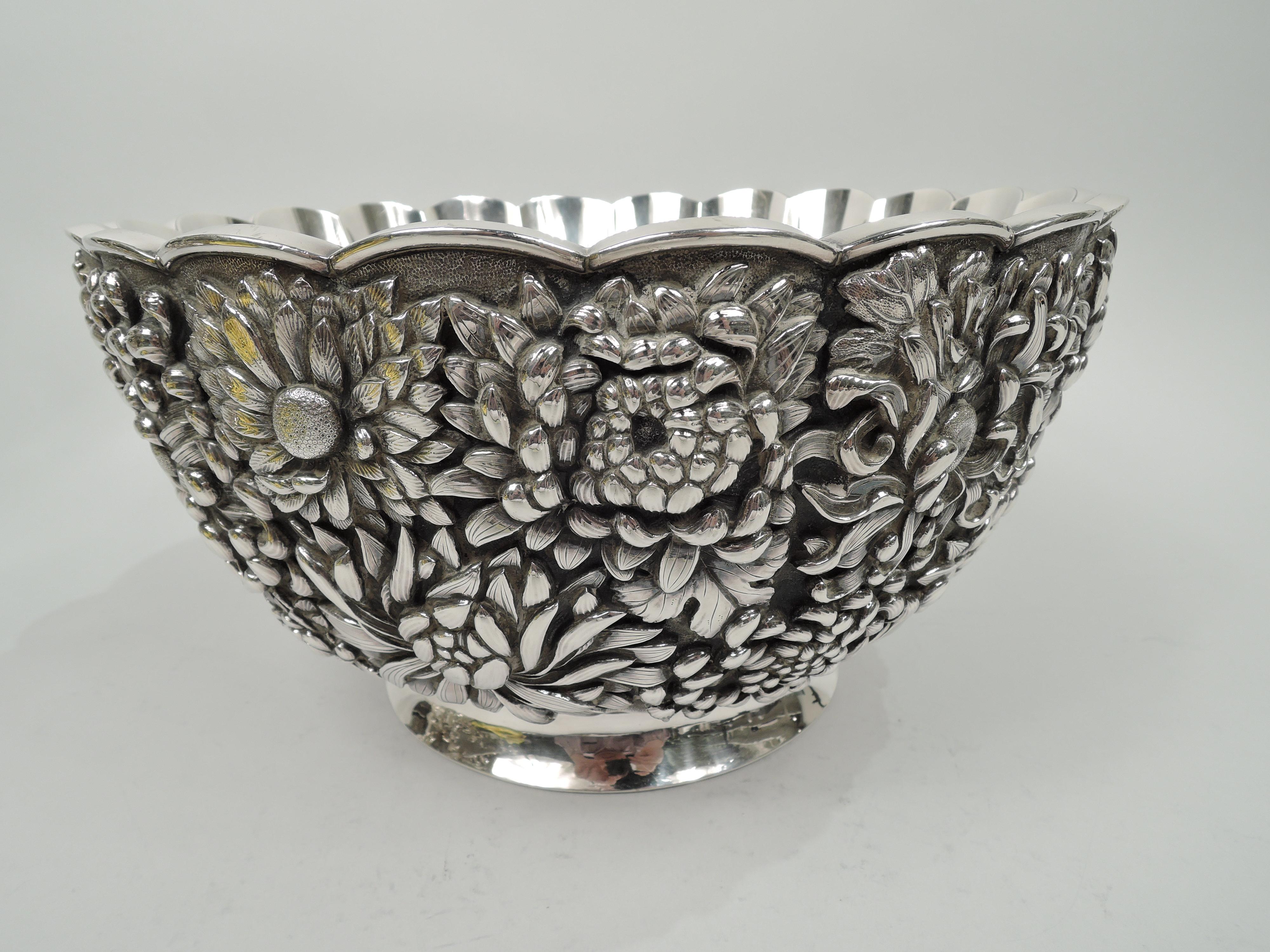 19th Century Large & Striking Japanese Meiji Silver Chrysanthemum Centerpiece Bowl
