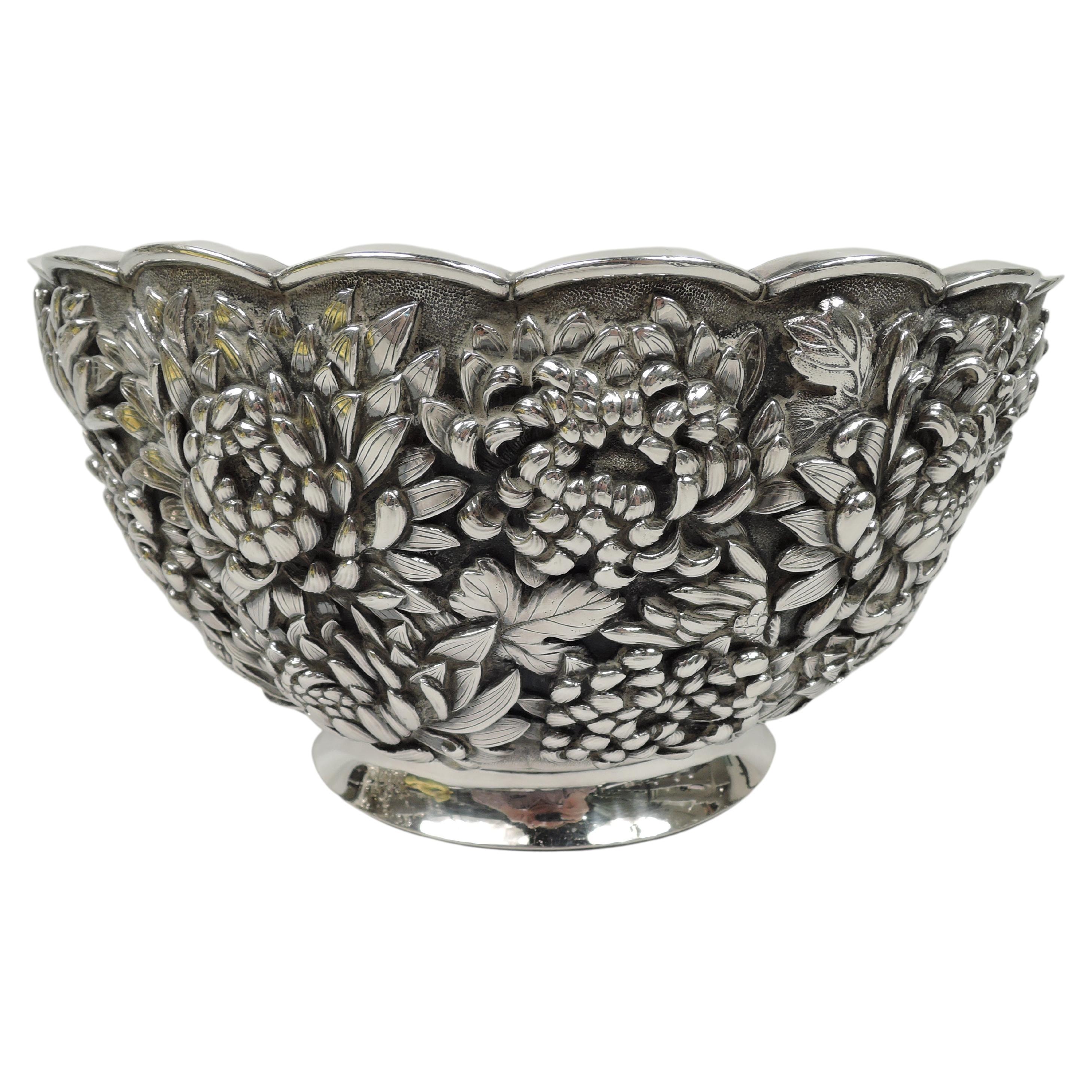 Large & Striking Japanese Meiji Silver Chrysanthemum Centerpiece Bowl
