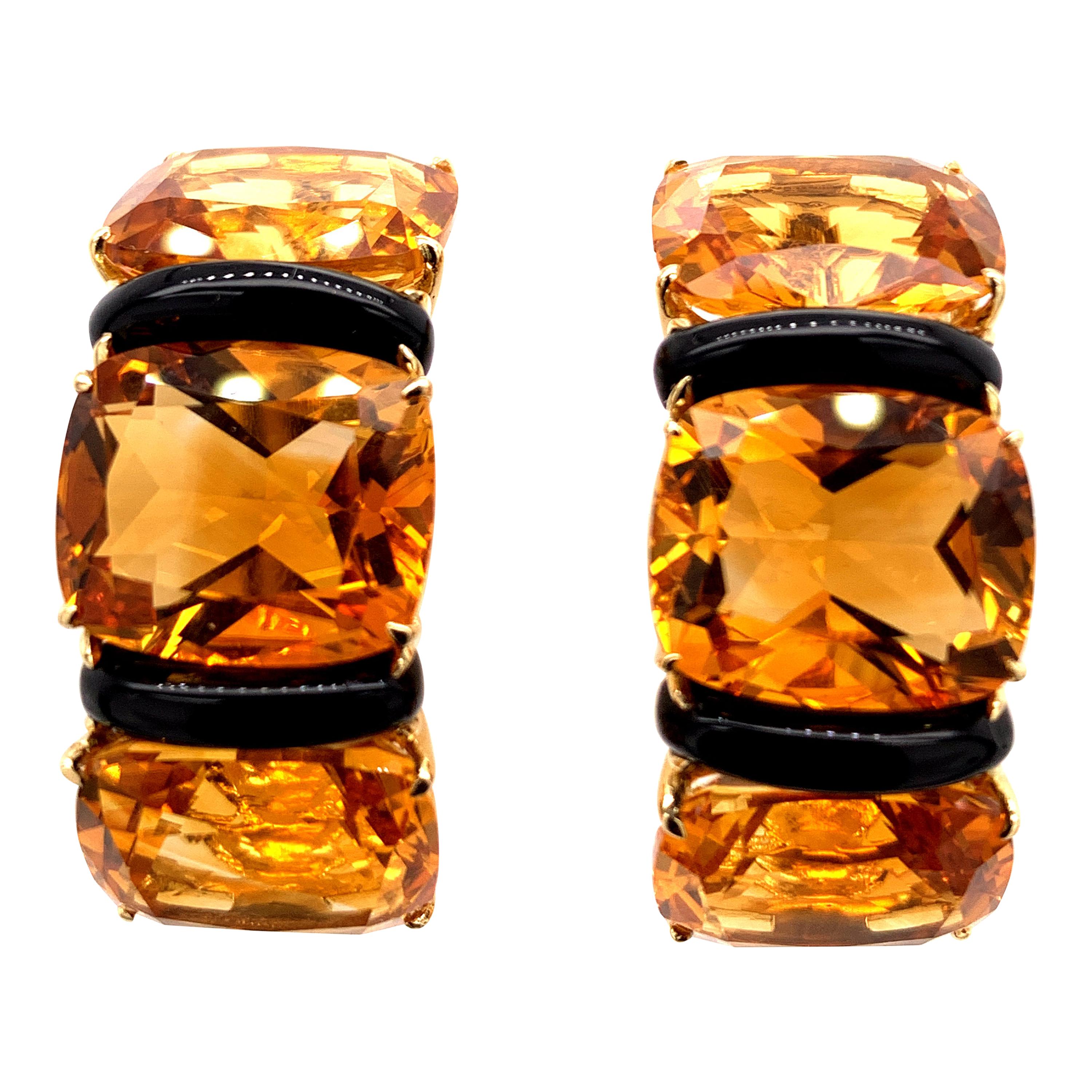 Large Striking Seaman Schepps Gold, Citrine and Onyx Earclips