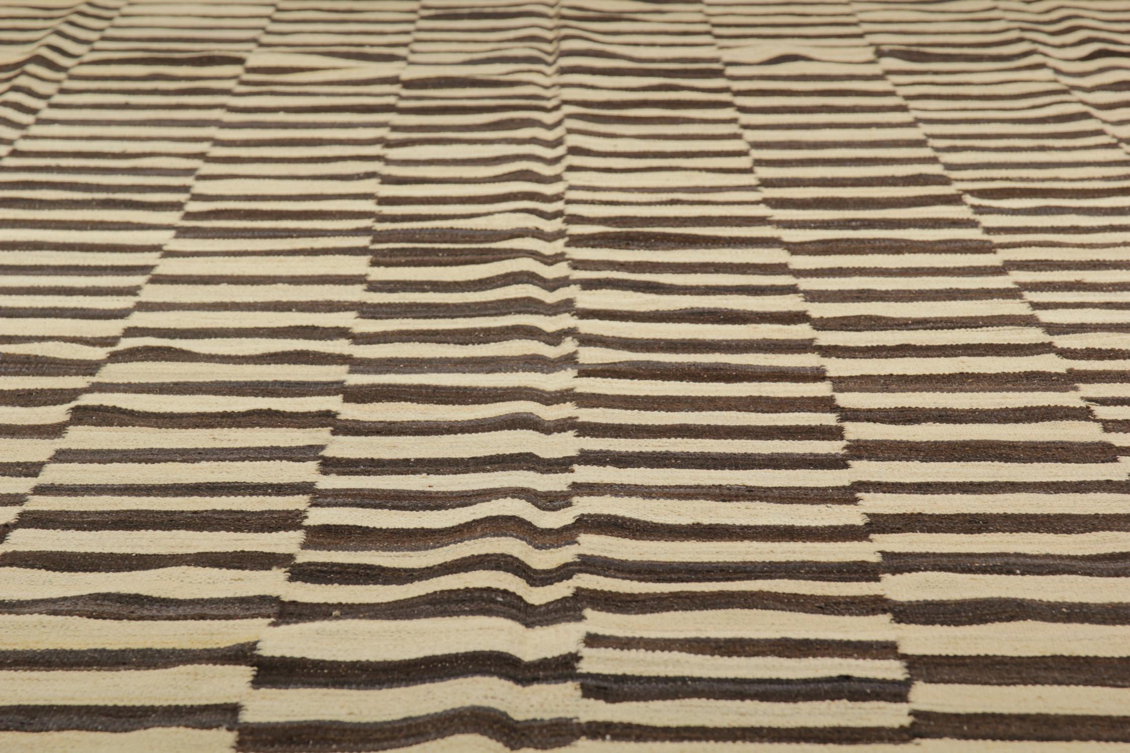 Alfombra de rayas grande, alfombra Kilim moderna hecha a mano en negro y crema Anudado a mano en venta