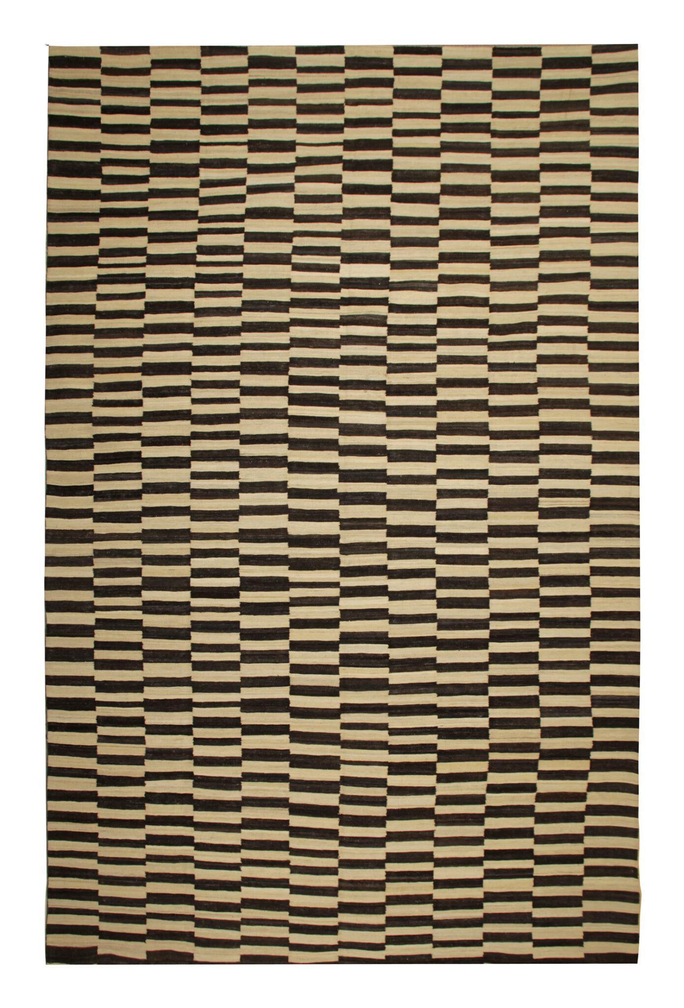 Contemporary Large Striped Area Rug, Modern Handmade Kilim Carpet Black and Cream For Sale
