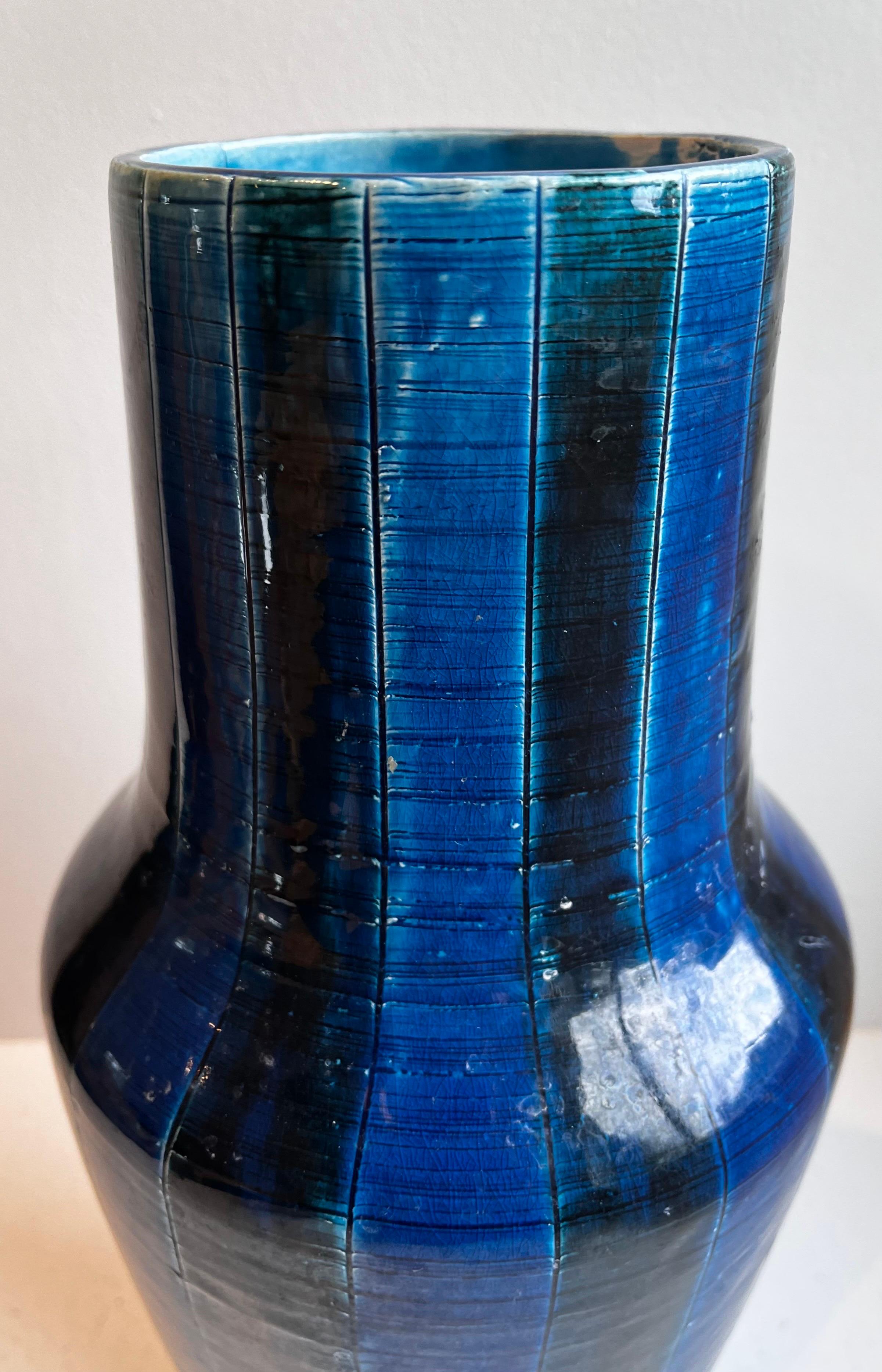 Italiano Large Striped Rimini Blue Glazed Mid-Century Vase, Italy, circa 1960 in vendita