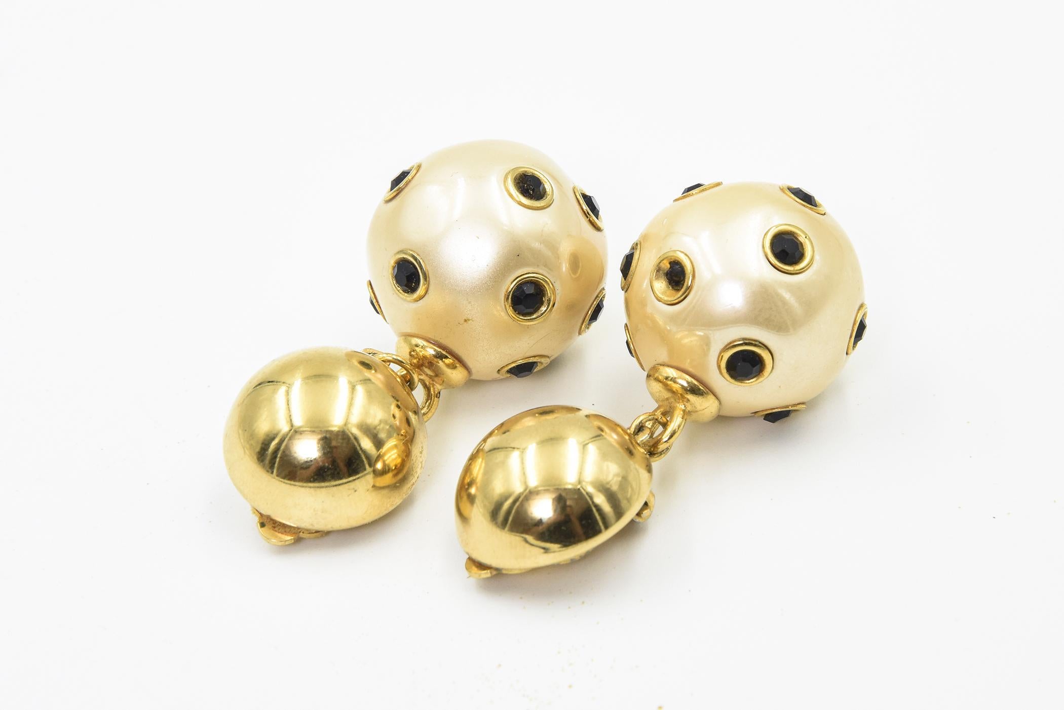 Large Studded Faux Pearl Dangling Drop from Gold Button Clip On Earrings For Sale 3