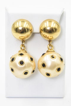 Large Studded Faux Pearl Dangling Drop from Gold Button Clip On Earrings