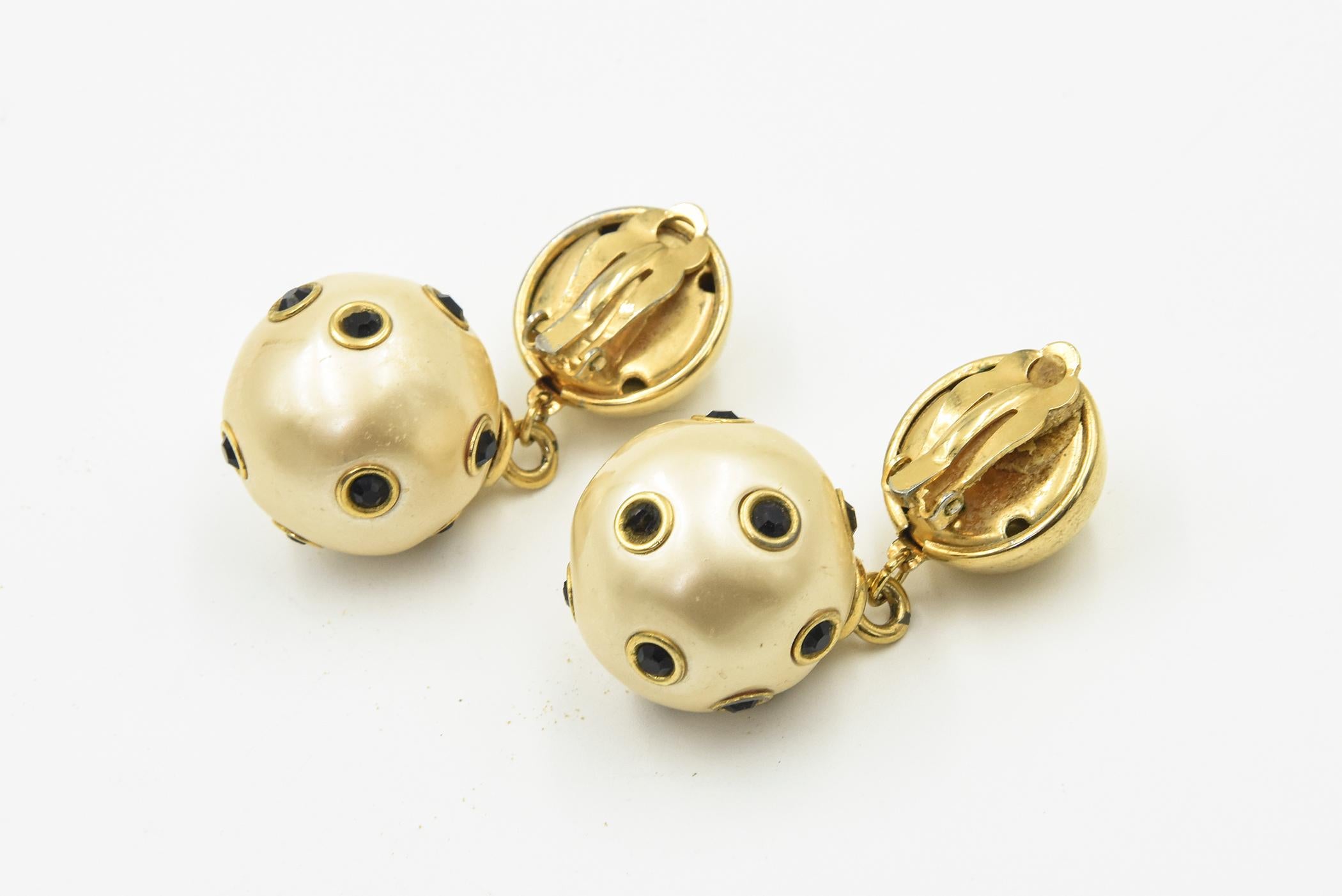 Large Studded Faux Pearl Dangling Drop from Gold Button Clip On Earrings For Sale 1