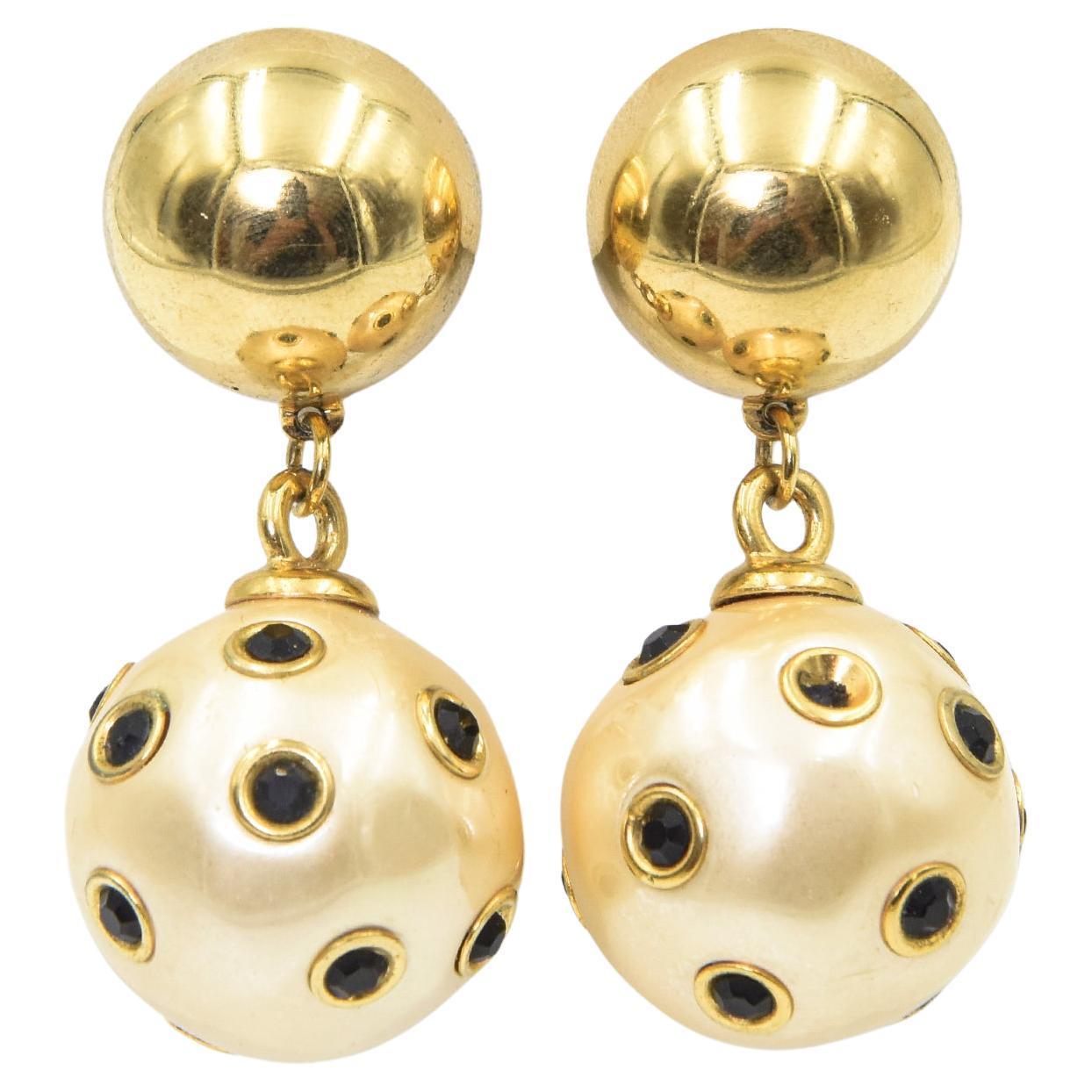 Large Studded Faux Pearl Dangling Drop from Gold Button Clip On Earrings For Sale