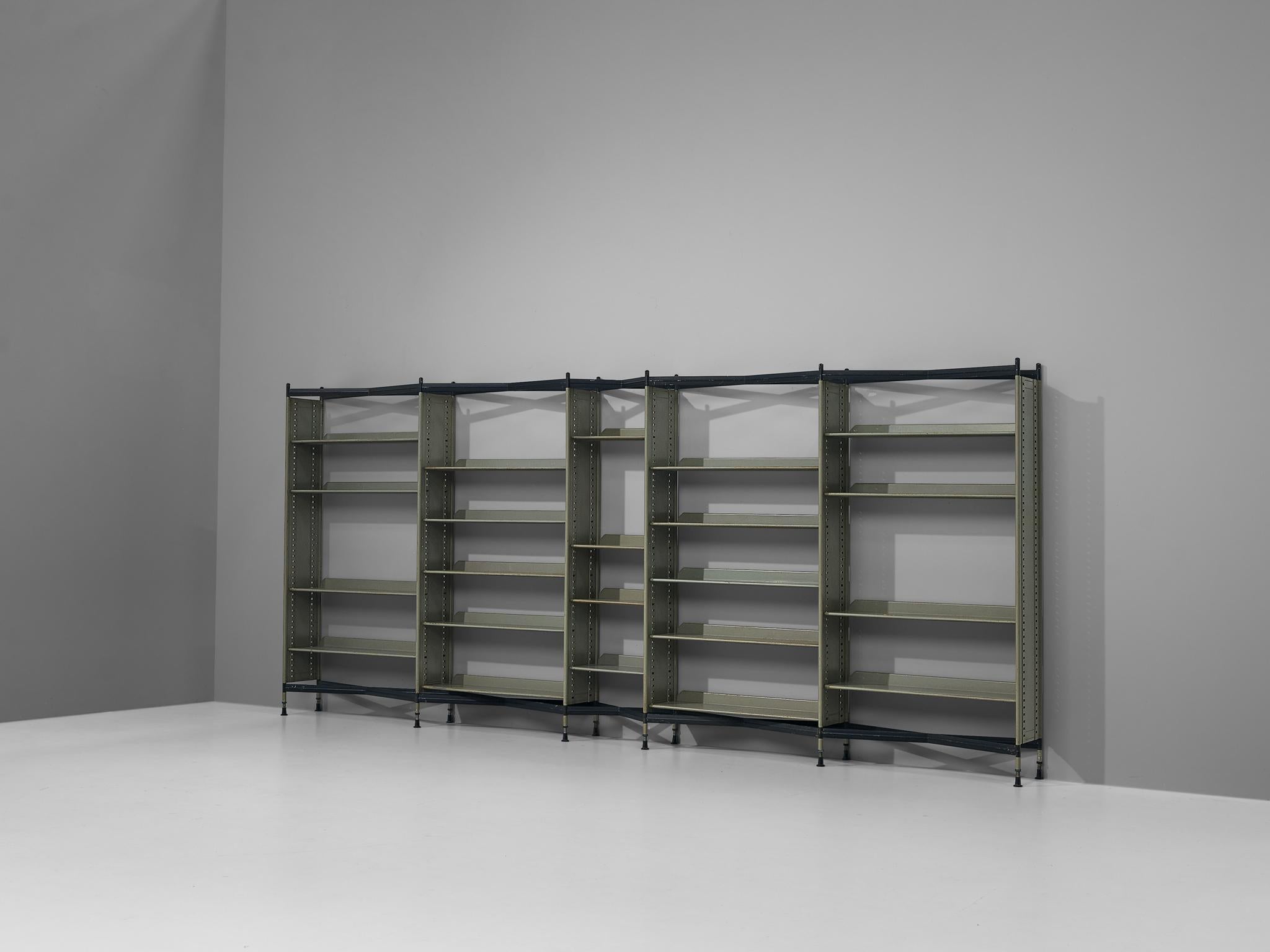 Studio BBPR for Olivetti, 'Spazio' shelving system, metal, plastic, Italy, 1960 

This open shelf is part of Studio BBPR's 'Spazio' series and consists of many columns in different widths. The arrangement itself is adjustable to your own liking. The