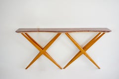 large Studio B.B.P.R. walnut and red  marble top console, double X shaped, 1944