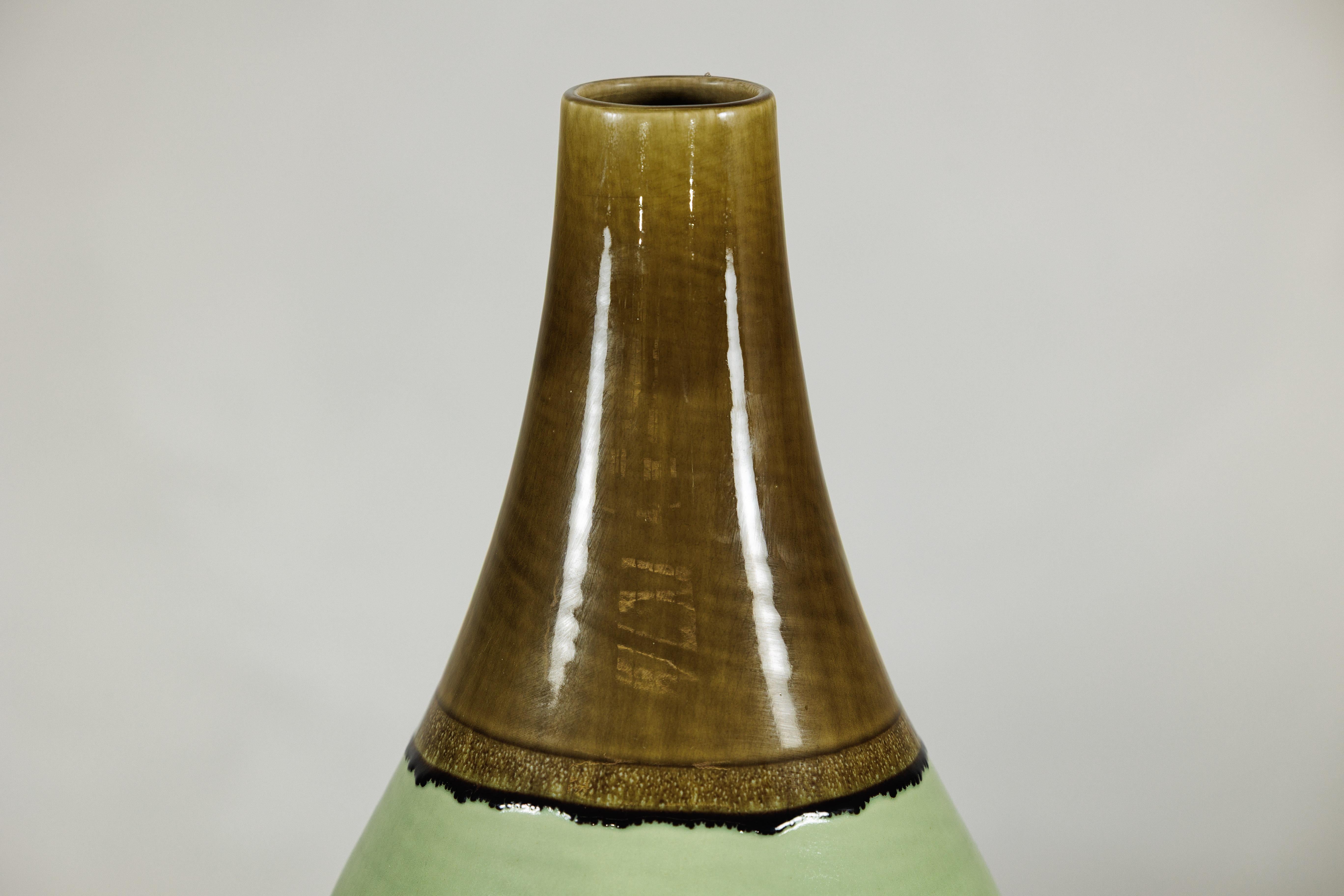 Large Studio Pottery Floor Vase with Brown and Green Glaze For Sale 4