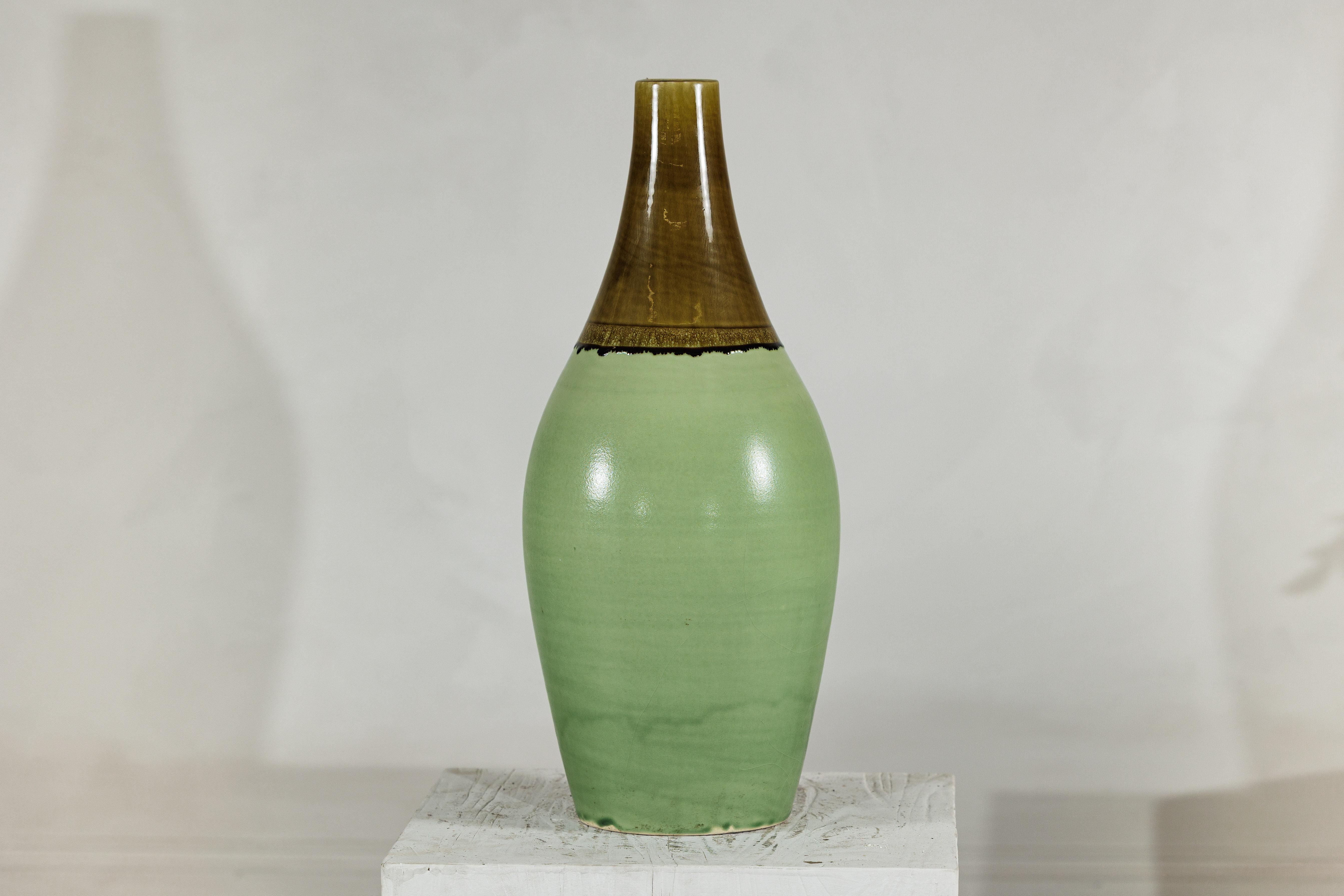 Large Studio Pottery Floor Vase with Brown and Green Glaze For Sale 9