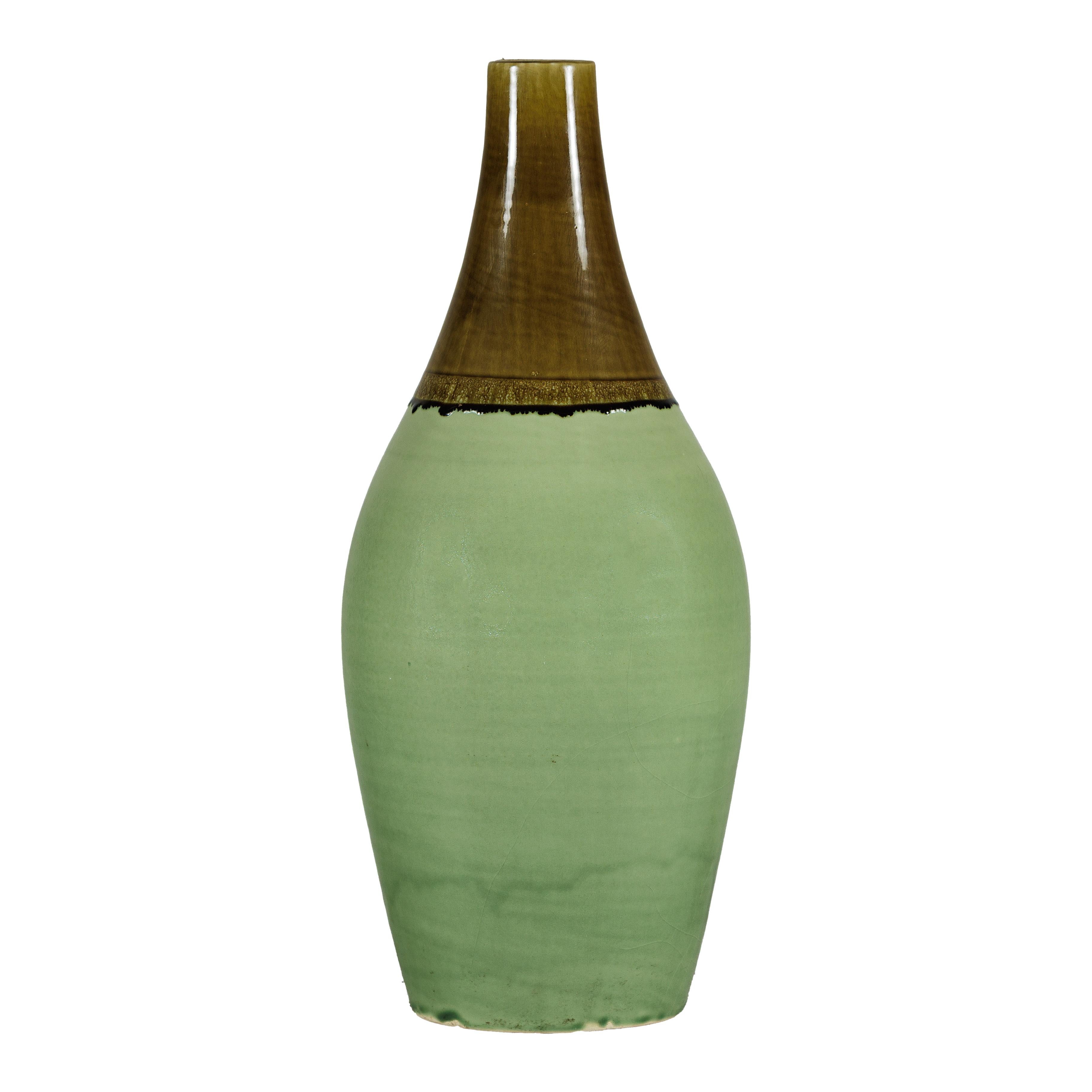 Large Studio Pottery Floor Vase with Brown and Green Glaze For Sale 10