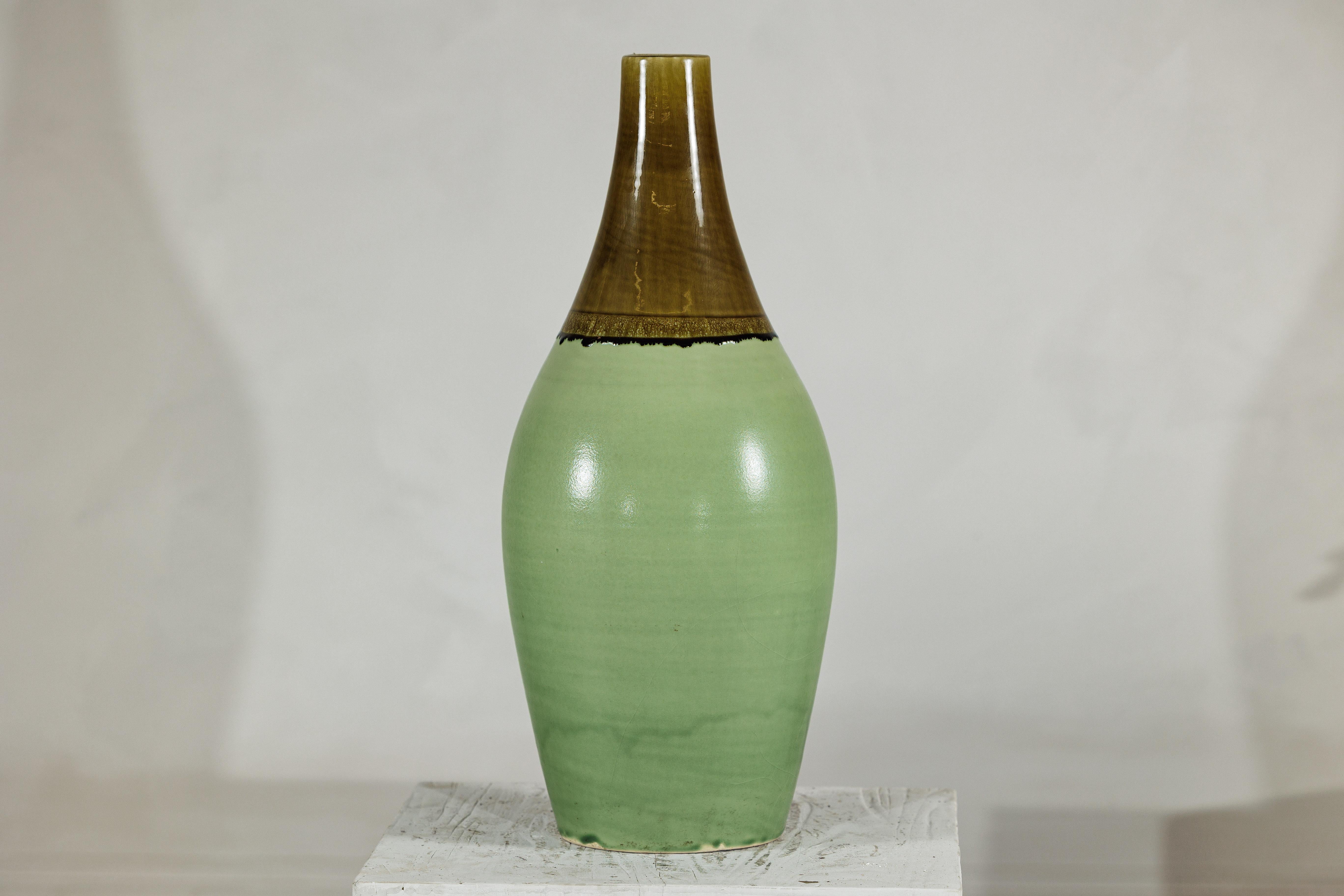 Glazed Large Studio Pottery Floor Vase with Brown and Green Glaze For Sale