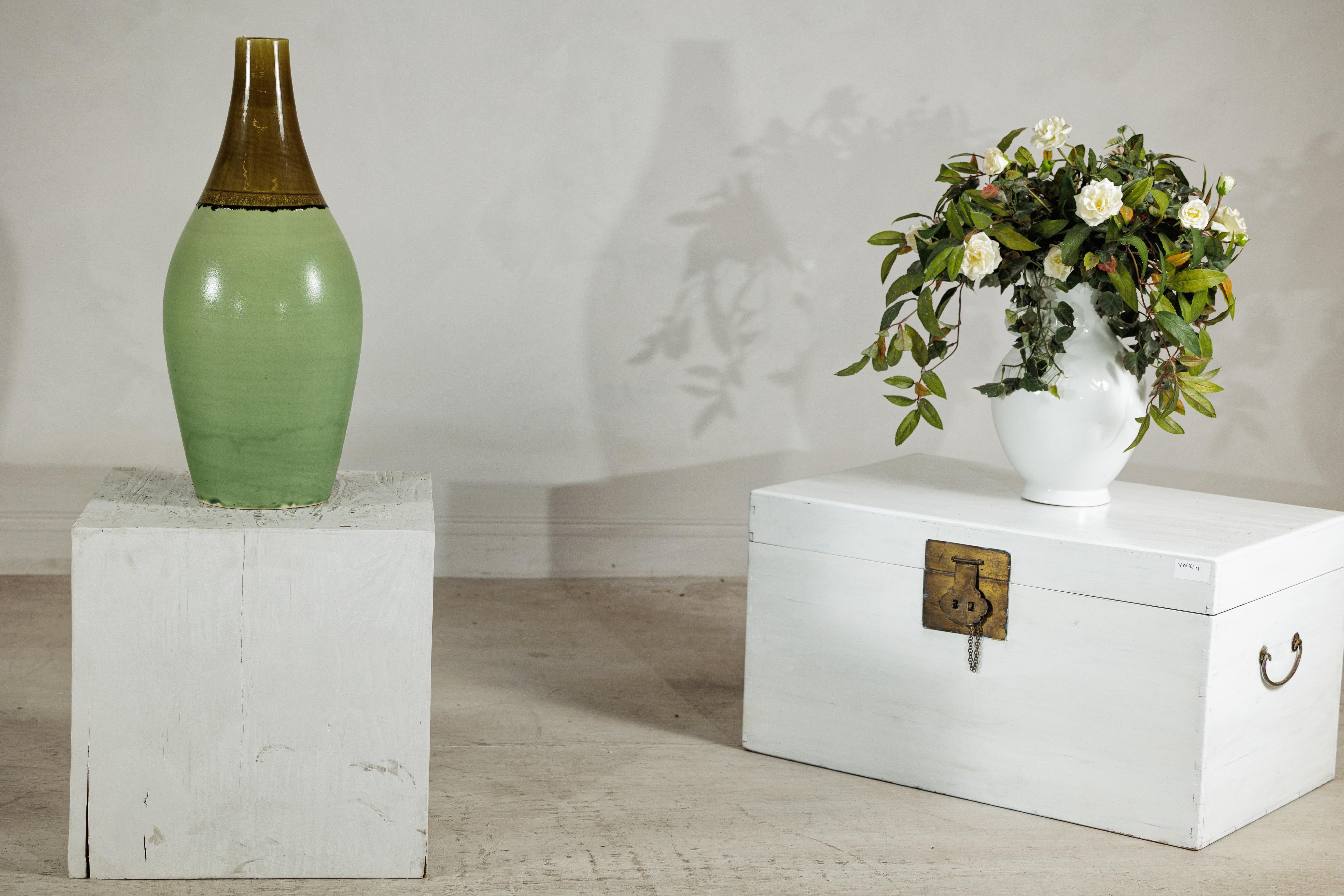 Large Studio Pottery Floor Vase with Brown and Green Glaze In Good Condition For Sale In Yonkers, NY