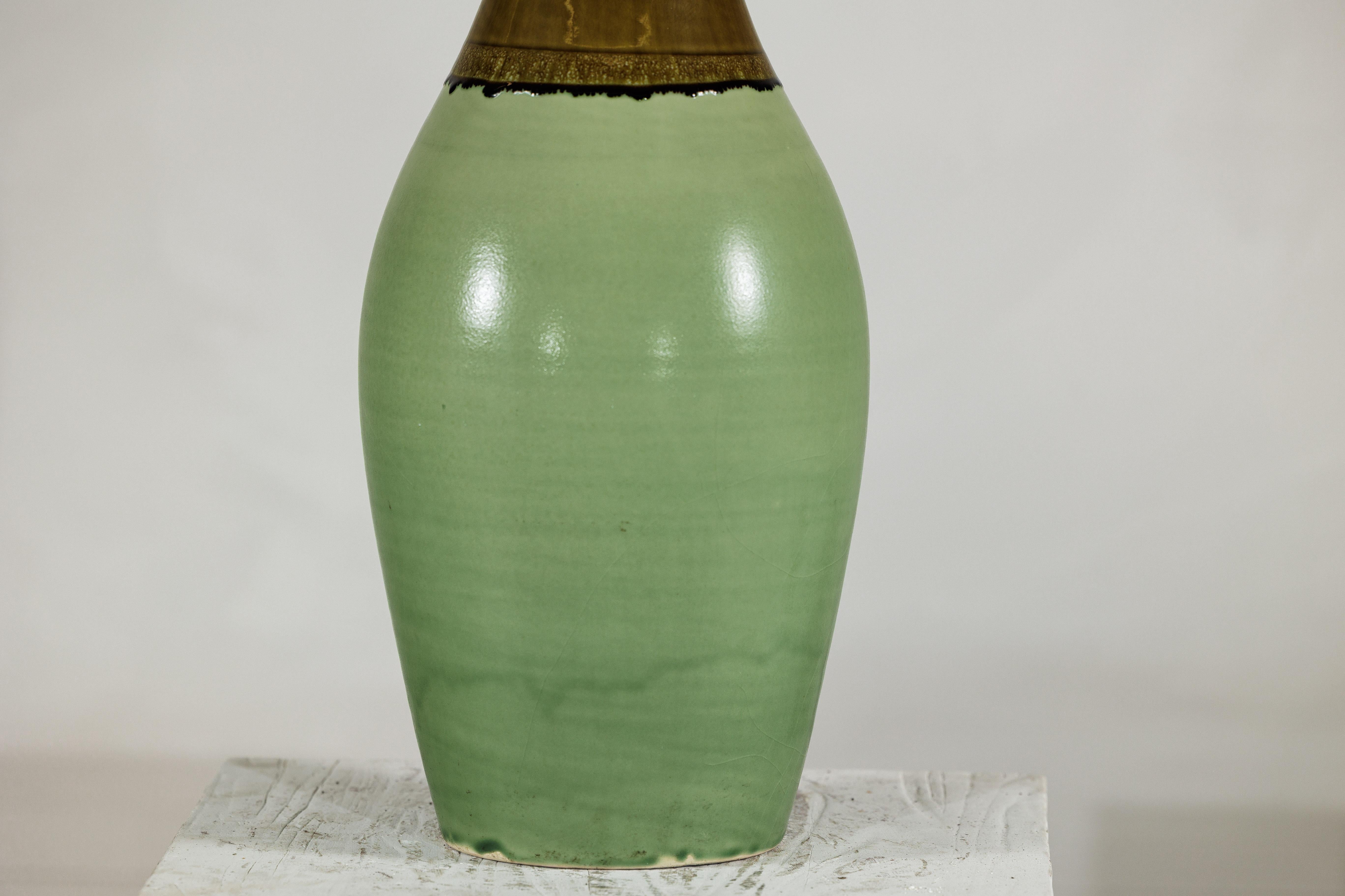 Ceramic Large Studio Pottery Floor Vase with Brown and Green Glaze For Sale