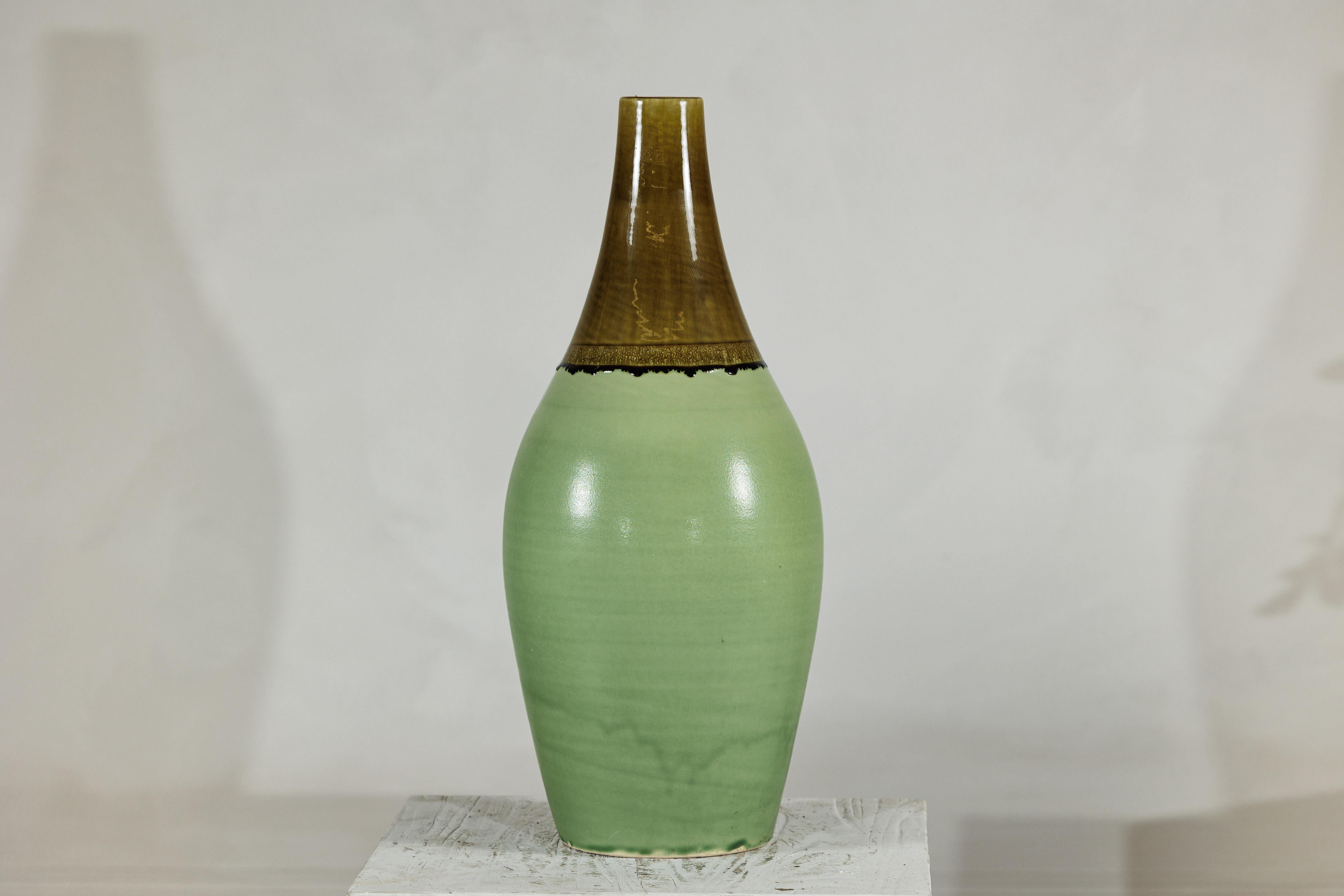 Large Studio Pottery Floor Vase with Brown and Green Glaze For Sale 1