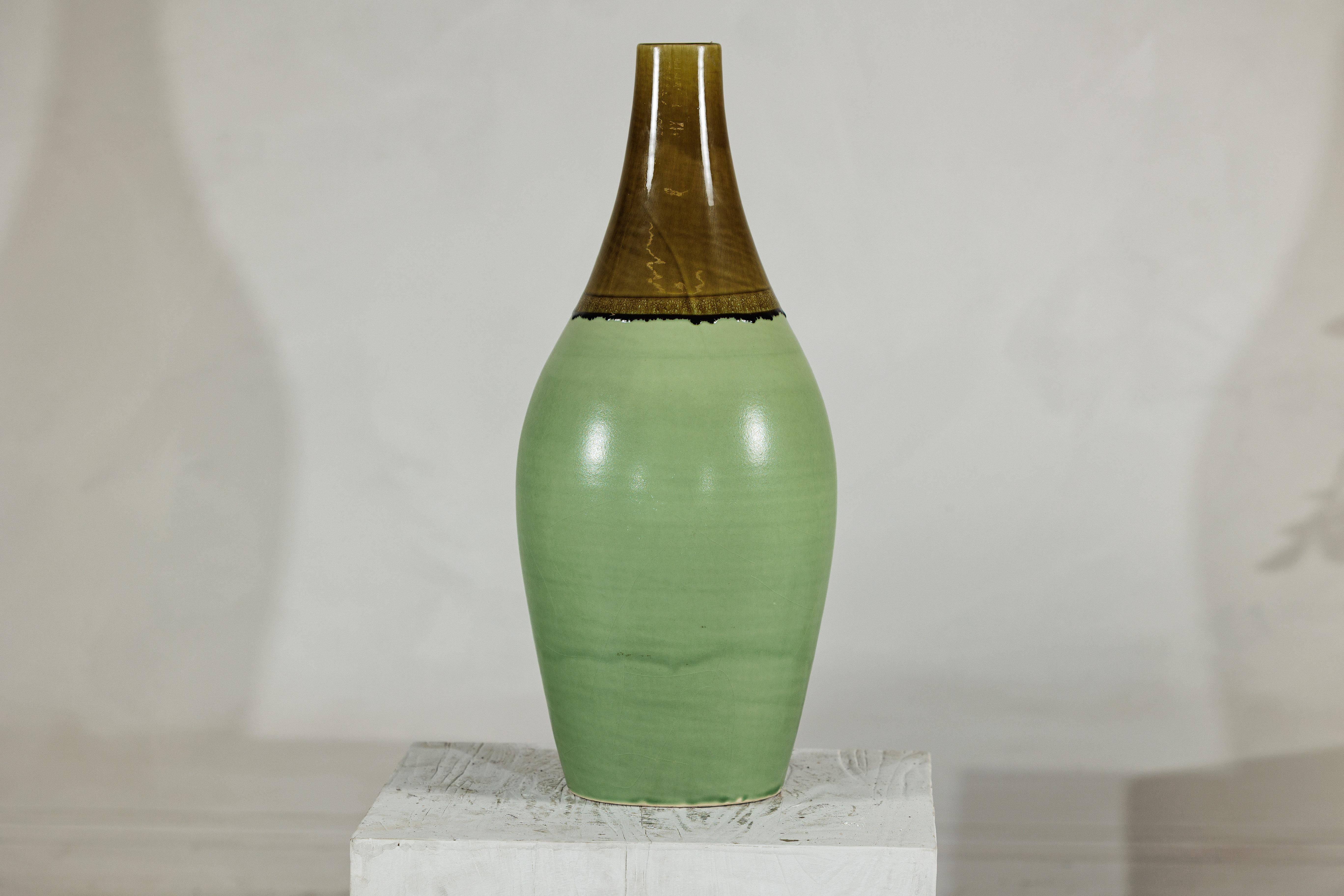 Large Studio Pottery Floor Vase with Brown and Green Glaze For Sale 2