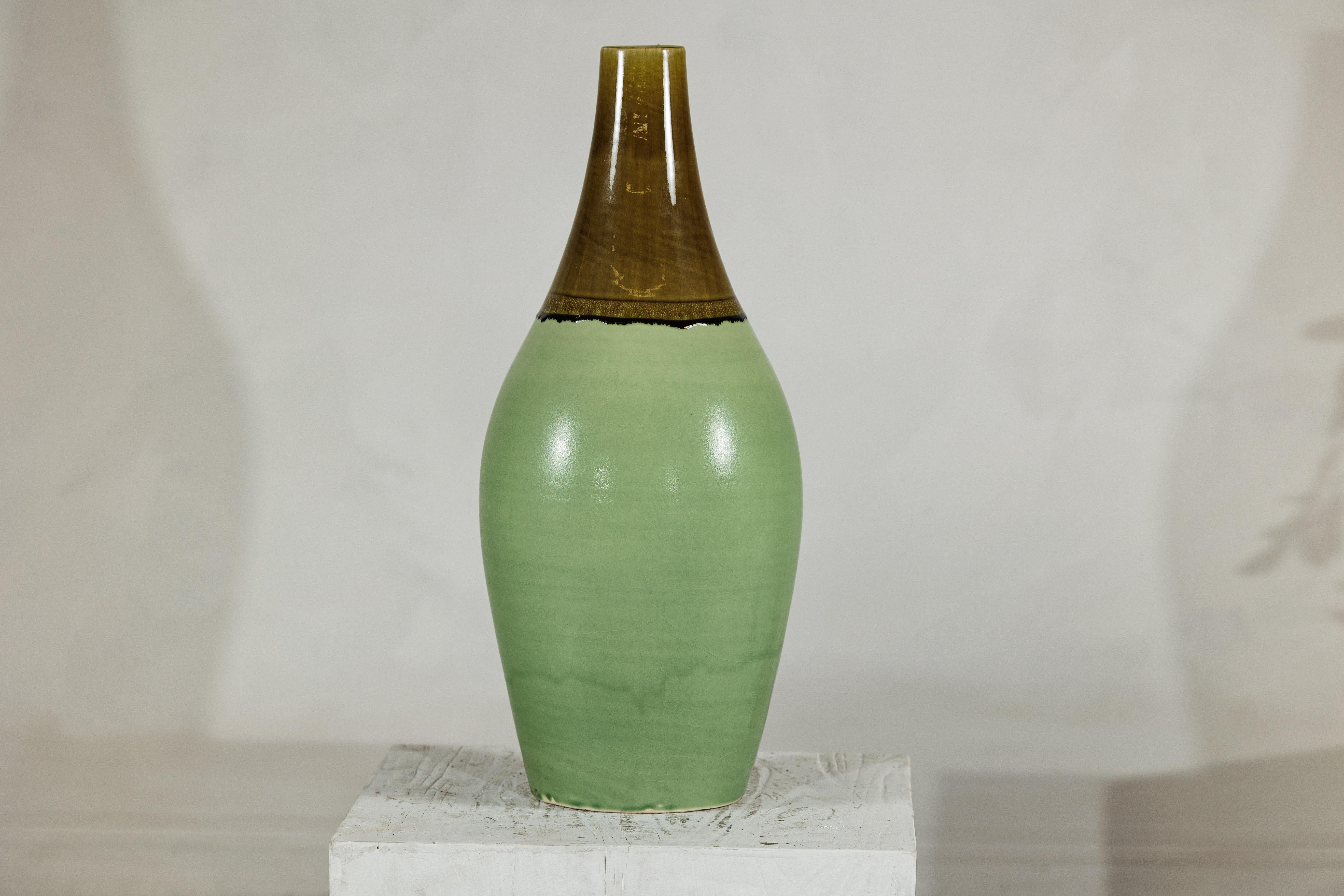Large Studio Pottery Floor Vase with Brown and Green Glaze For Sale 3