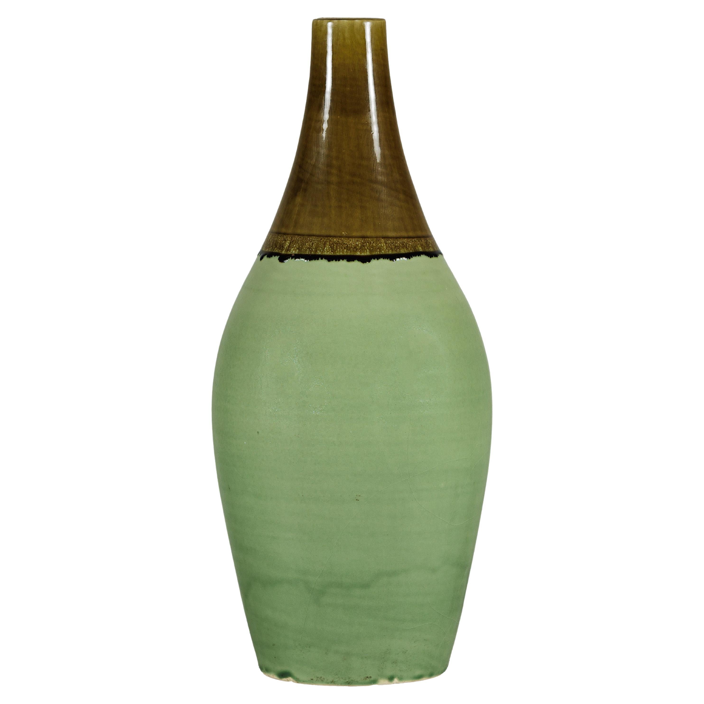 Large Studio Pottery Floor Vase with Brown and Green Glaze For Sale