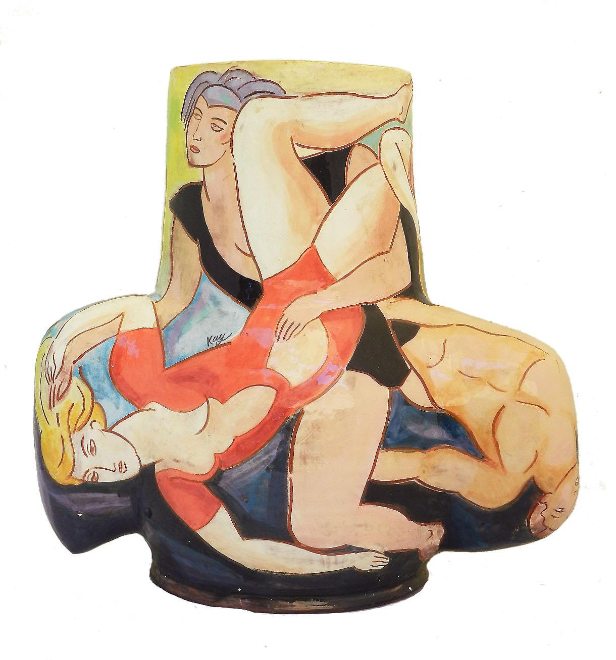 Art Studio pottery vase by Michael Kay signed and dated 2005
Typical of his works with Art Deco Jean Cocteau influenced figural decoration
Hand decorated and unique
Tumblers circus figures
A stunning monumental statement pot a Classic example of