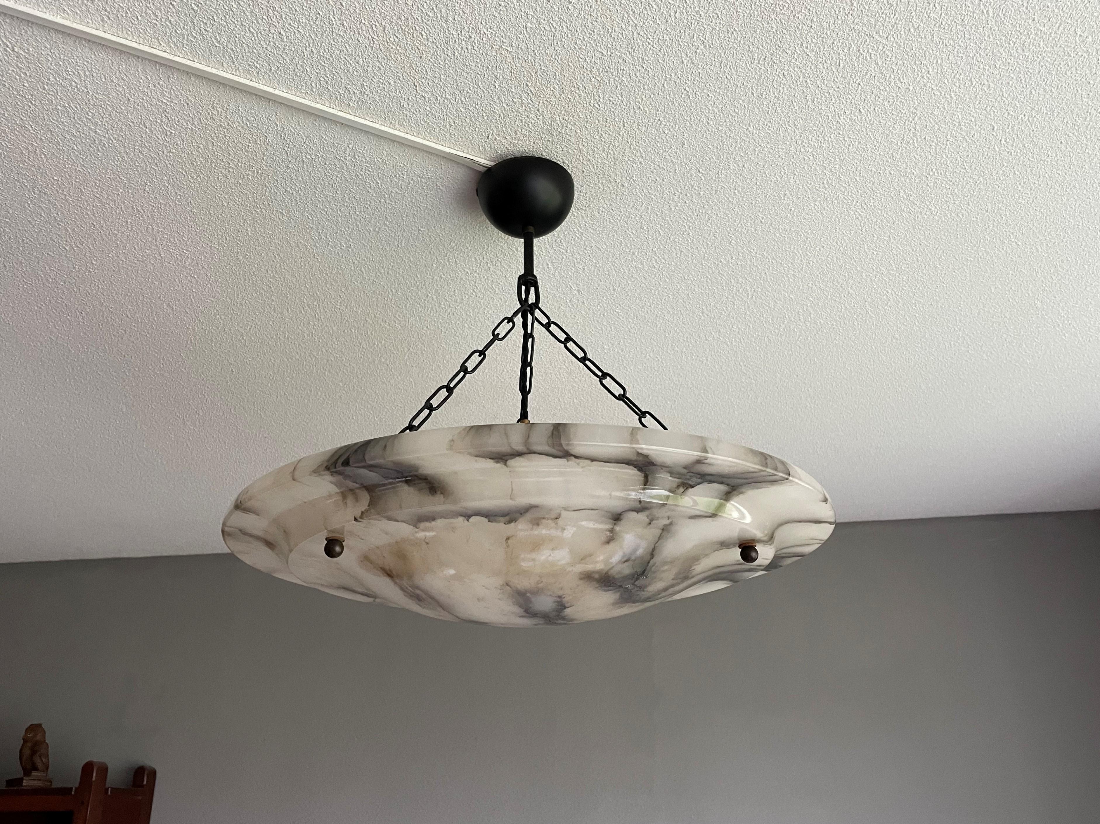 Large & Stunning Antique Alabaster Shade Flush Mount W. Blackened Chain & Canopy 12