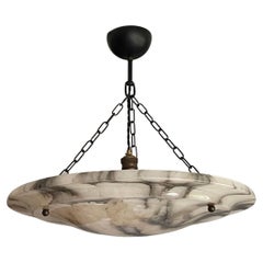 Large & Stunning Antique Alabaster Shade Flush Mount W. Blackened Chain & Canopy