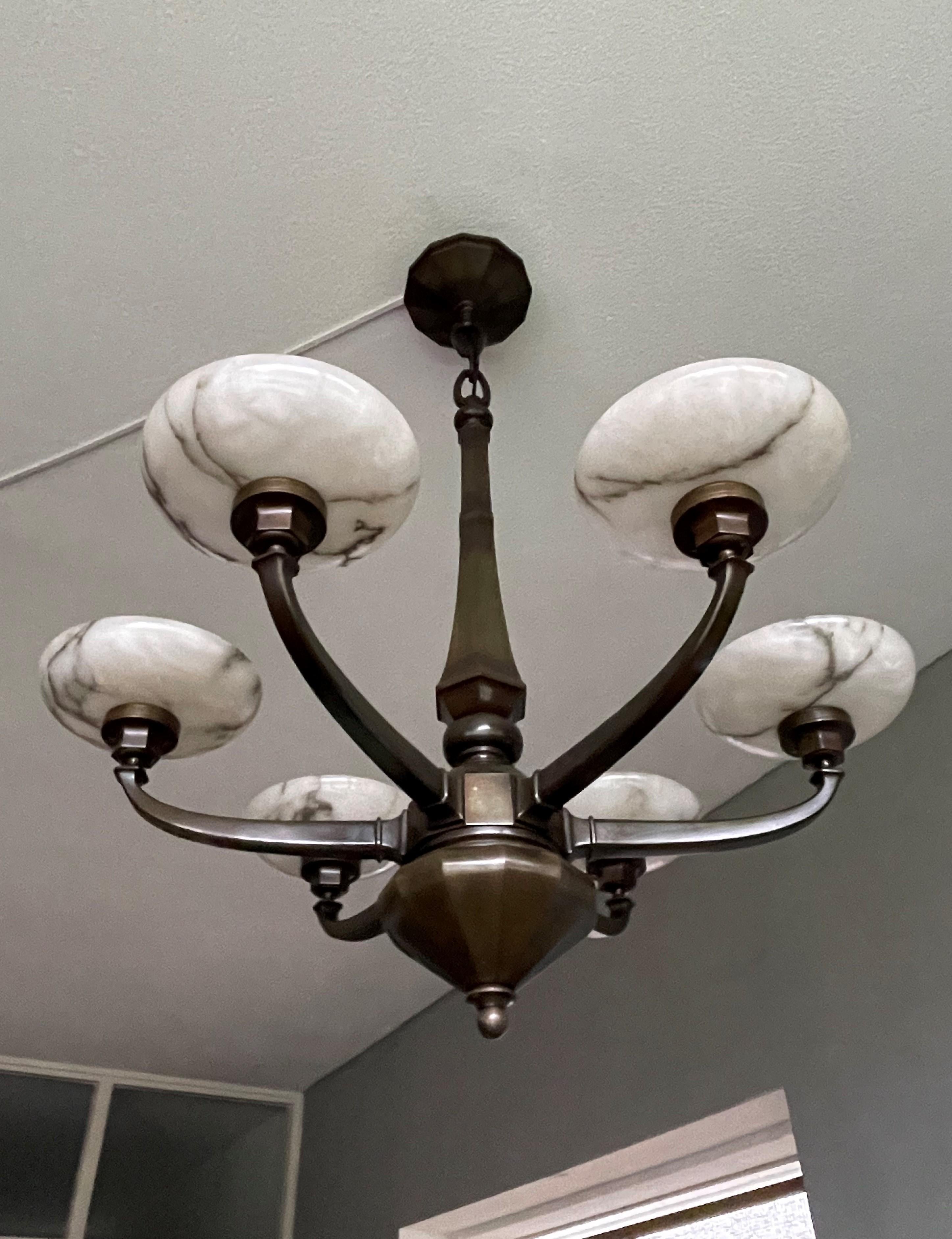 Large & Stunning Antique Bronze Chandelier / Pendant with Six Alabaster Shades For Sale 2