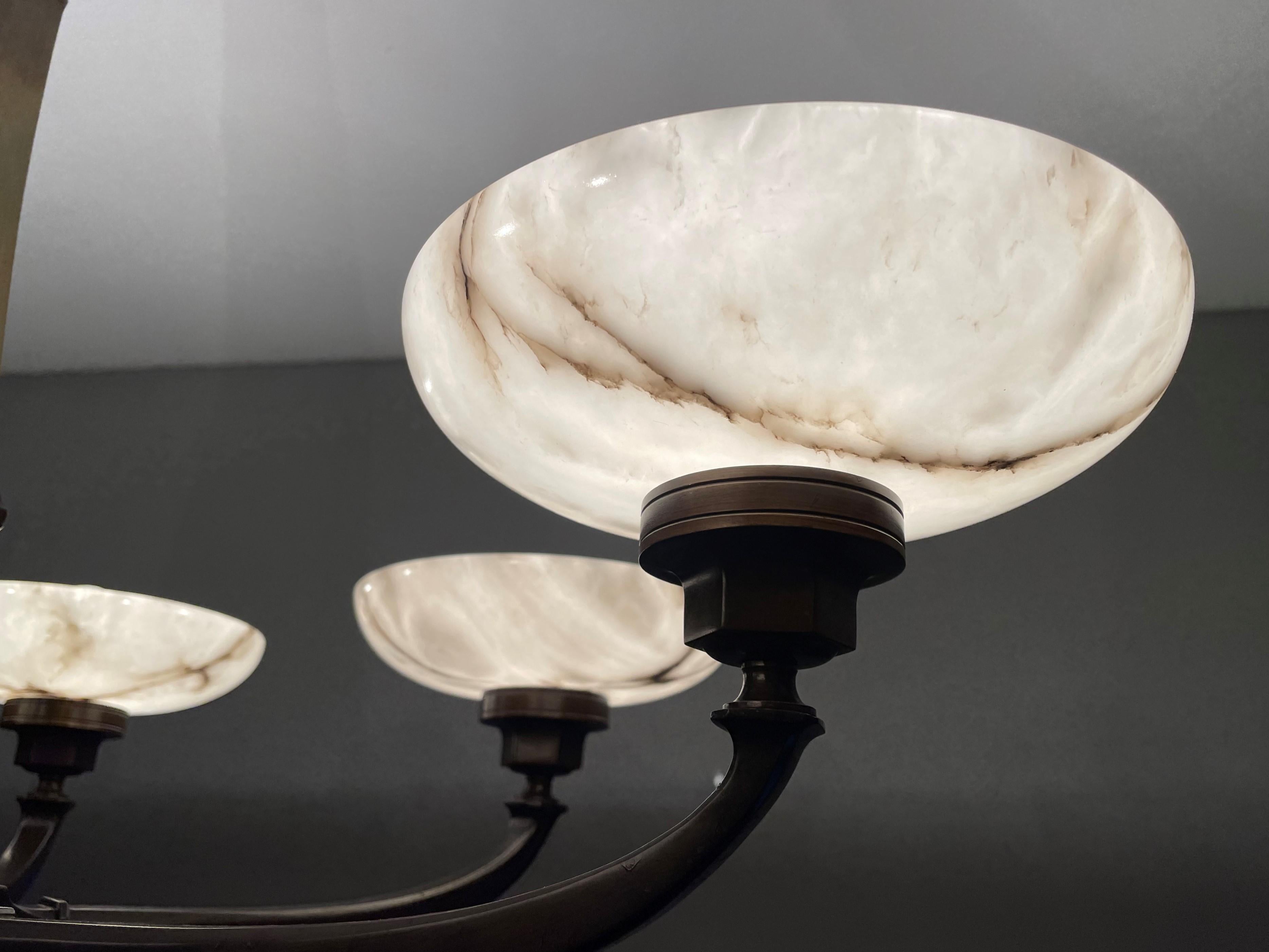 Large & Stunning Antique Bronze Chandelier / Pendant with Six Alabaster Shades 3