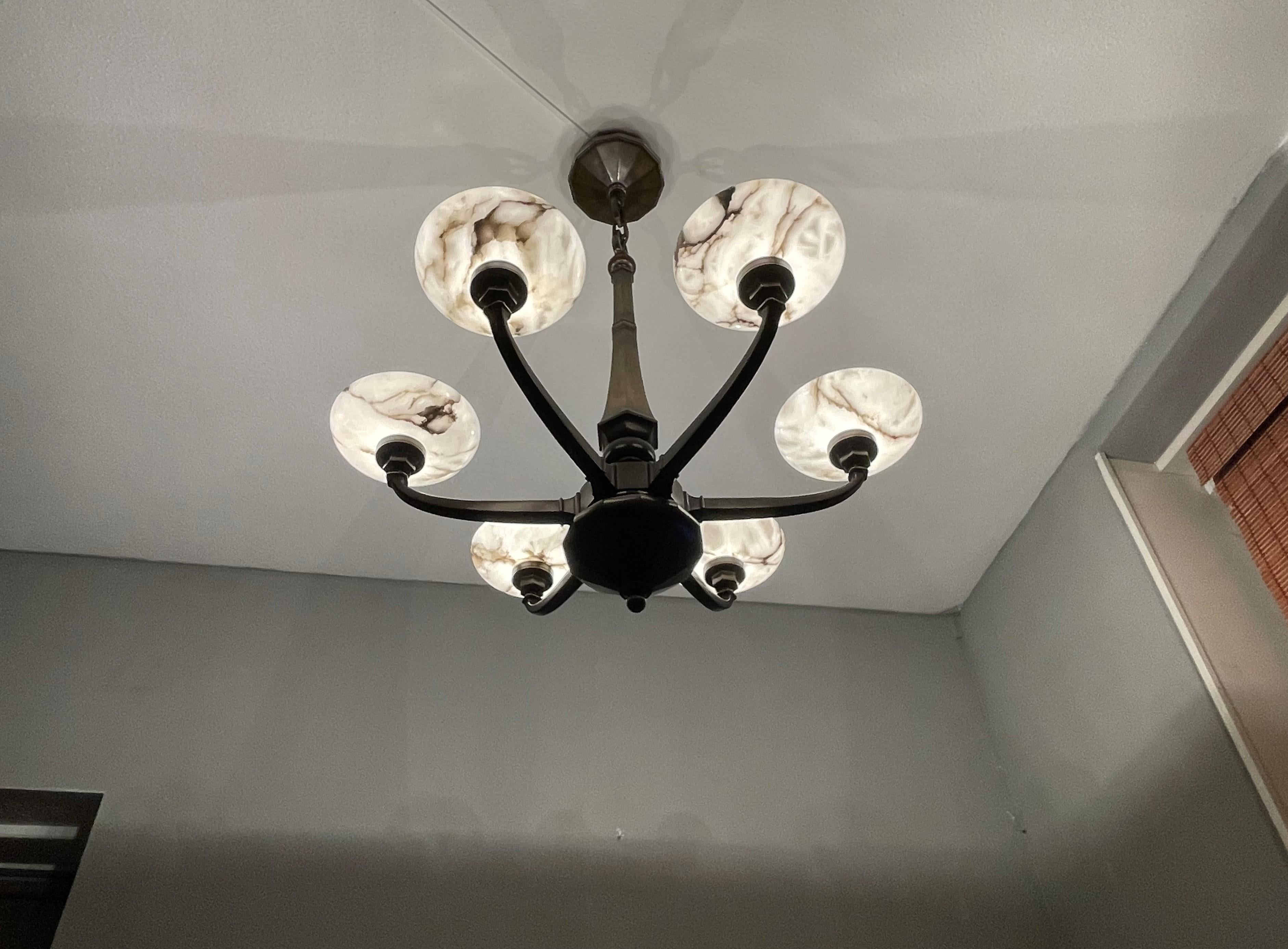Large & Stunning Antique Bronze Chandelier / Pendant with Six Alabaster Shades 4